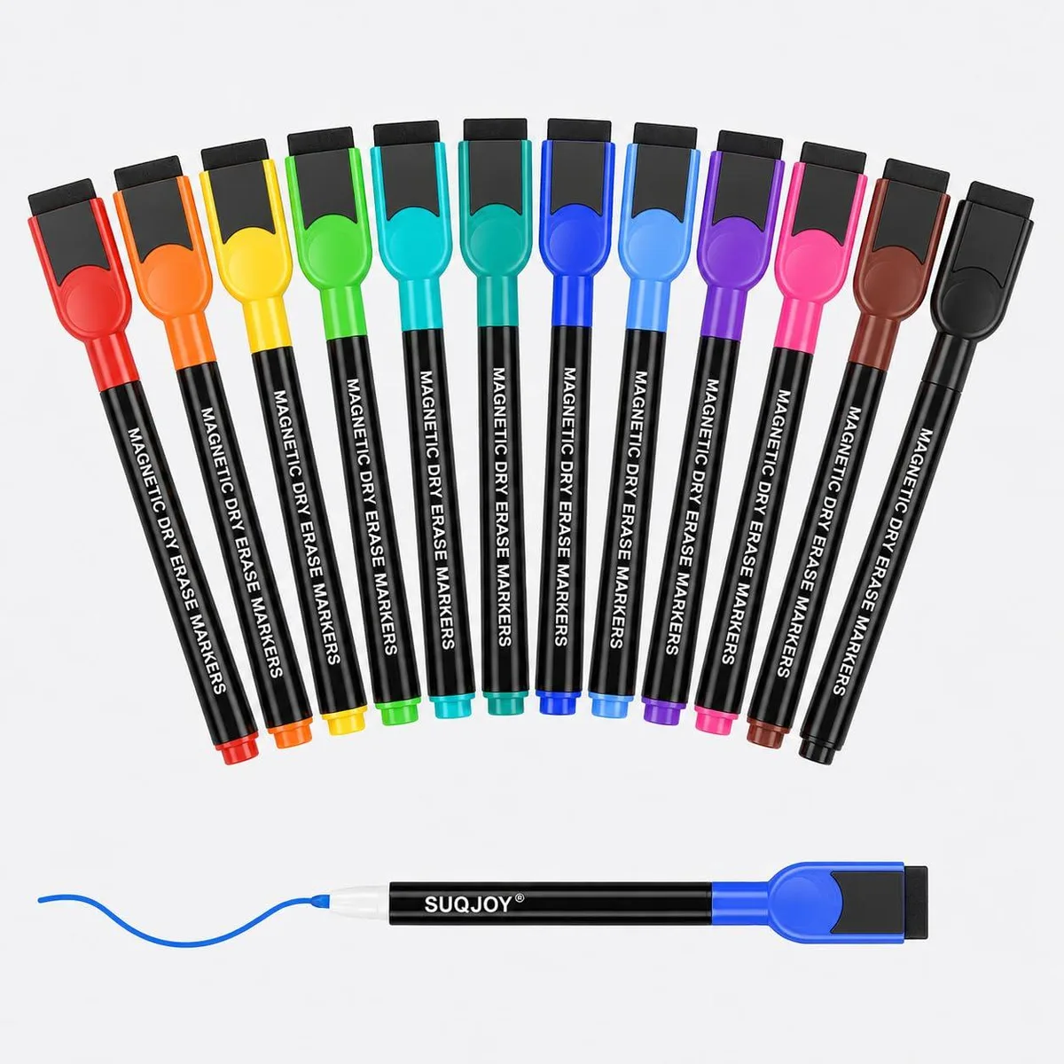 Set of twelve fine-tip magnetic dry-erase markers with eraser caps in assorted colours