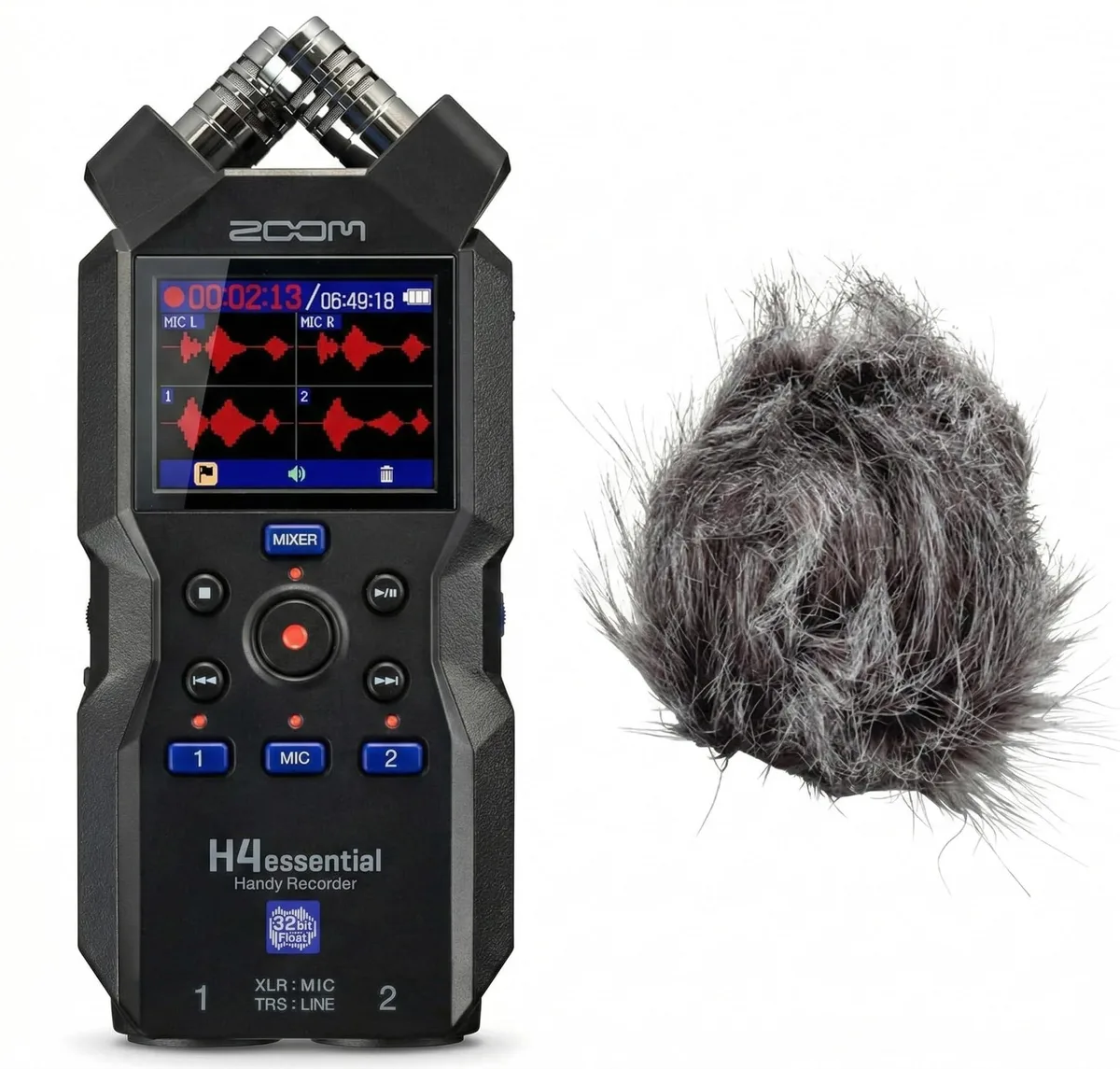 Zoom H4essential recorder with grey fuzzy windscreen covering top mics