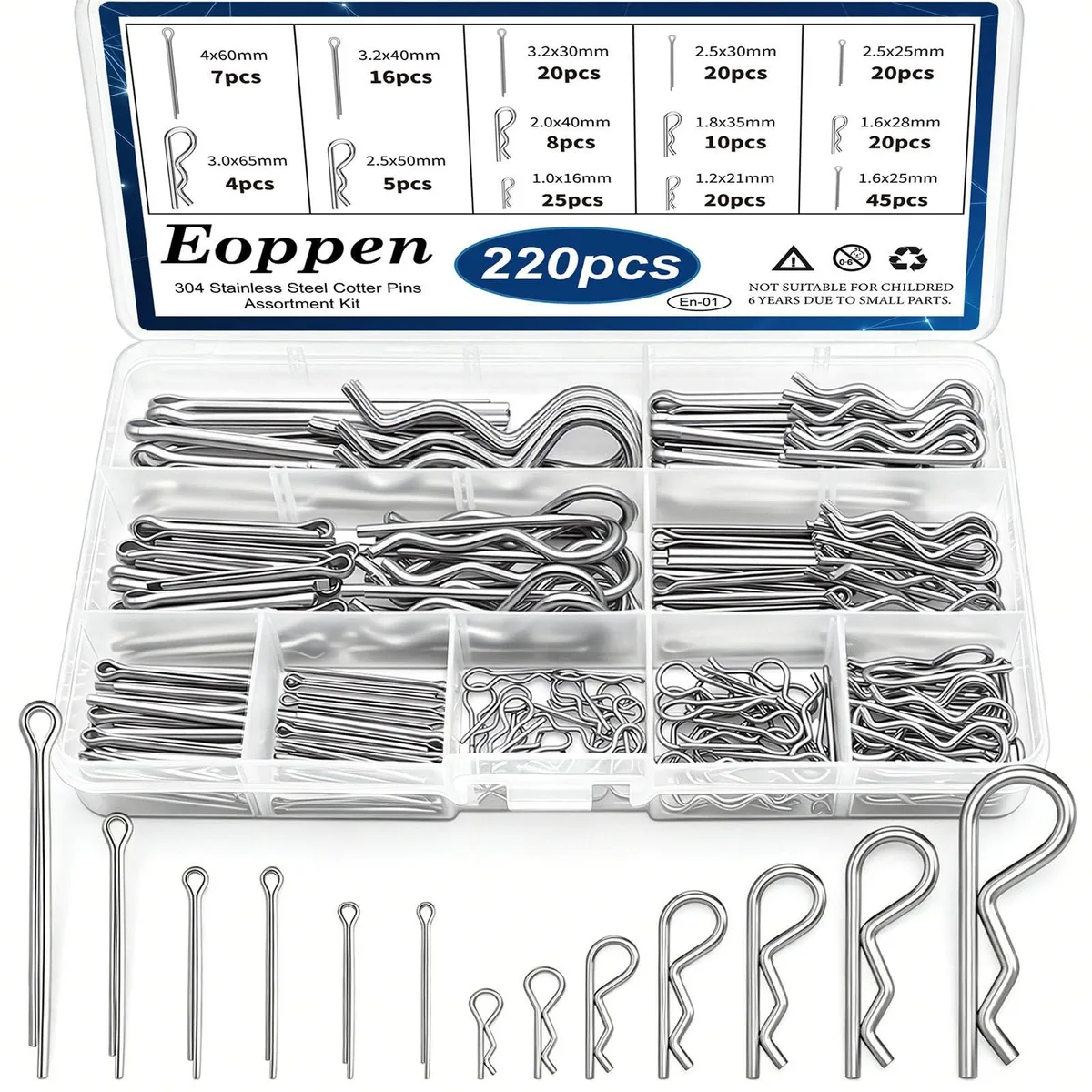  Eoppen En-01 220pcs 304 Stainless Steel Cotter Pin Kit 13 Sizes — product photo
