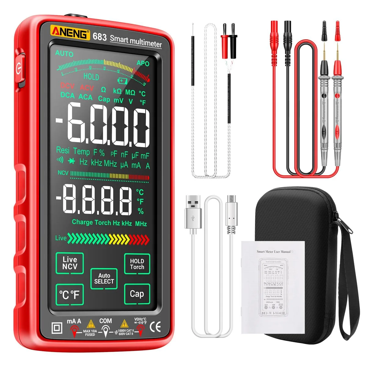 ANENG Smart Multimeter Touch Screen 6000 Counts Rechargeable Red — product photo
