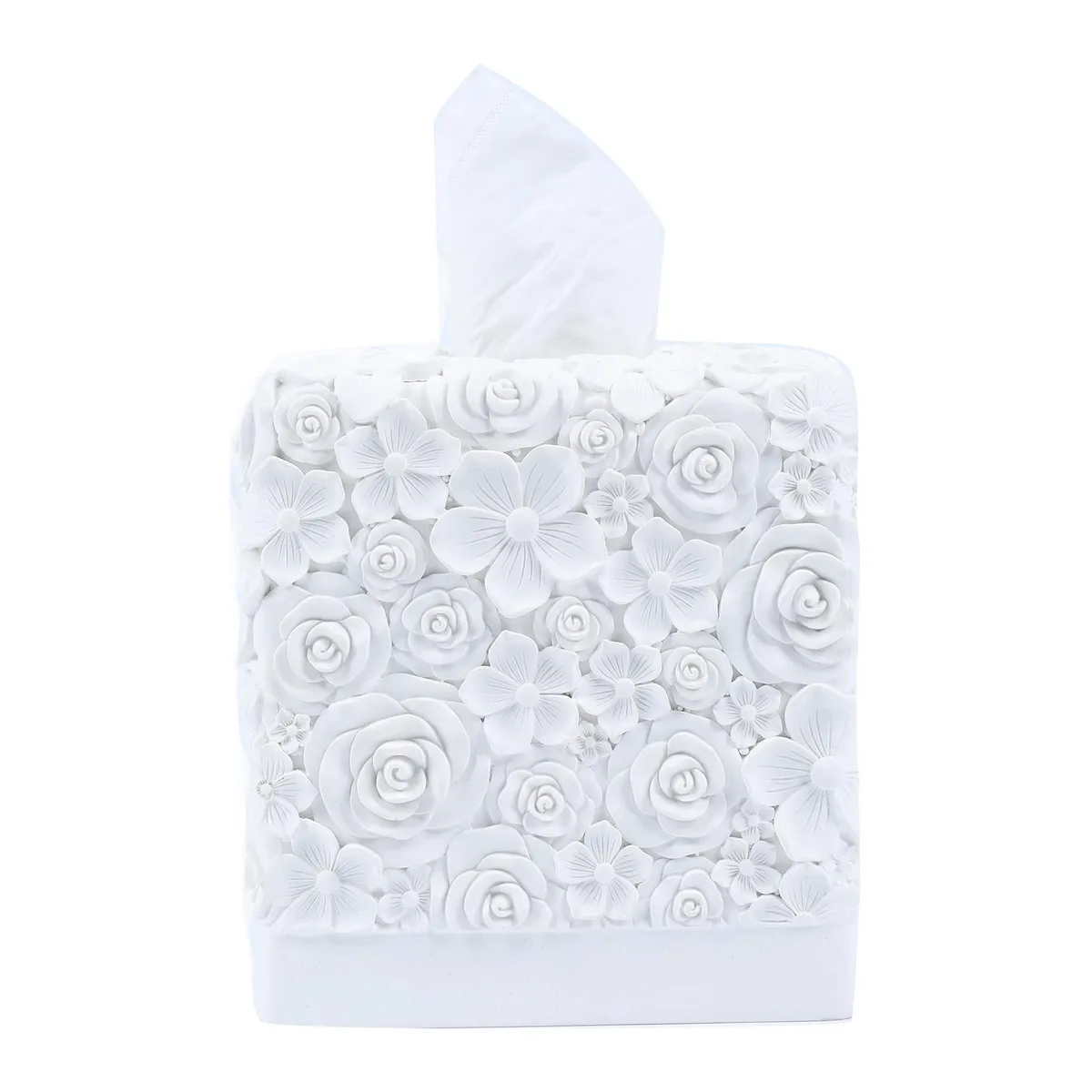 Square resin tissue box cover in modern design, open bottom, heavy 2.5lb weight