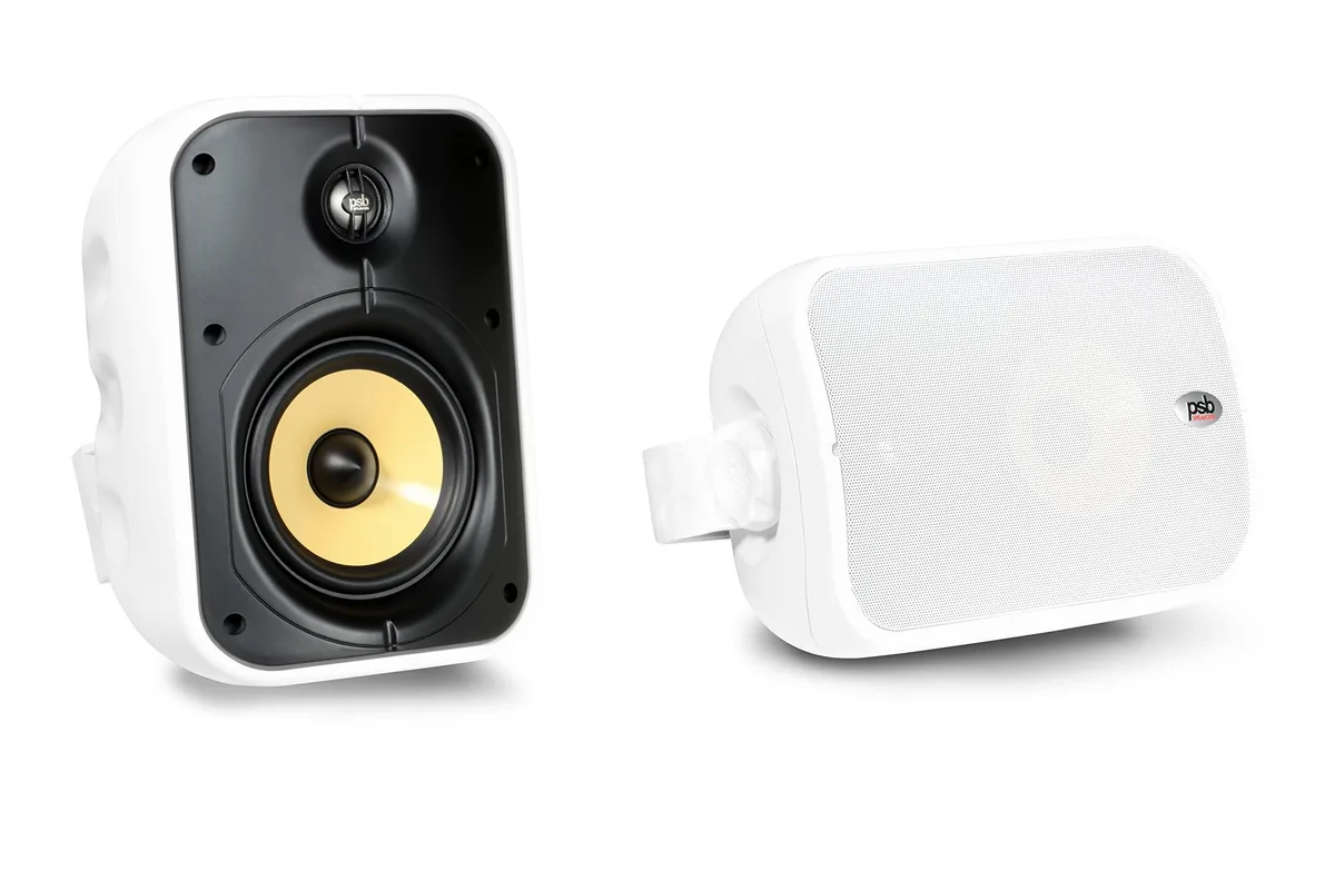 White compact speaker with mounting bracket