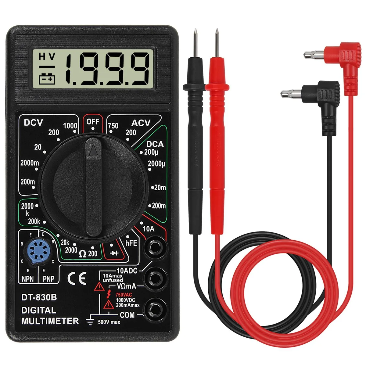 AEDIKO DT-830D digital multimeter with LCD screen, yellow silicone cover, rotary selector and test leads