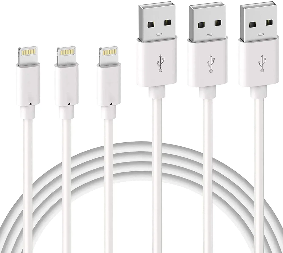 Three white braided Lightning cables coiled together