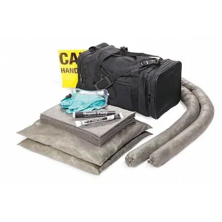 Black duffel bag spill kit with universal sorbent pads, pillows, socks, gloves, goggles, light stick