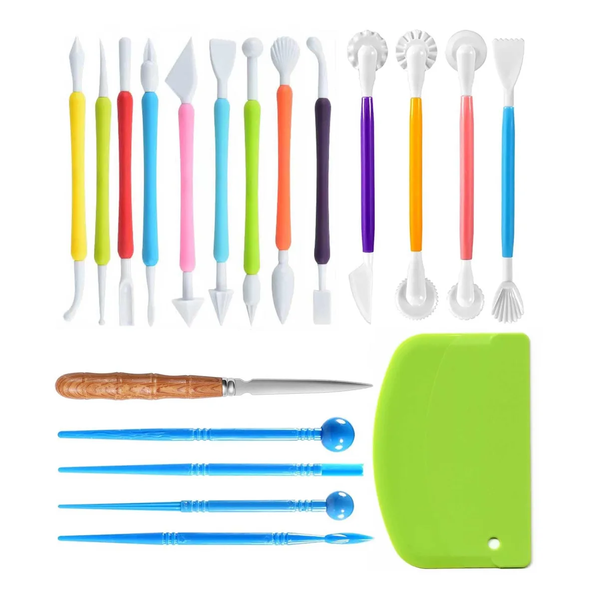 A set of 19 plastic clay sculpting tools including double-ended shaping tools scrapers and stylus on a light background