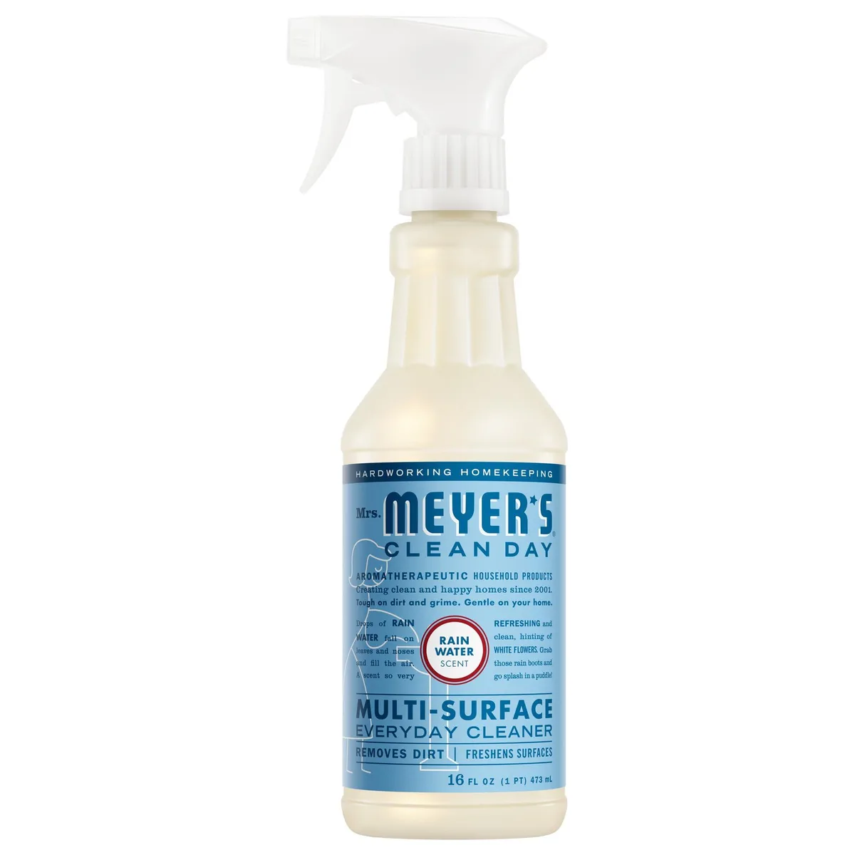White trigger-spray bottle with Rain Water label, 16 fl oz