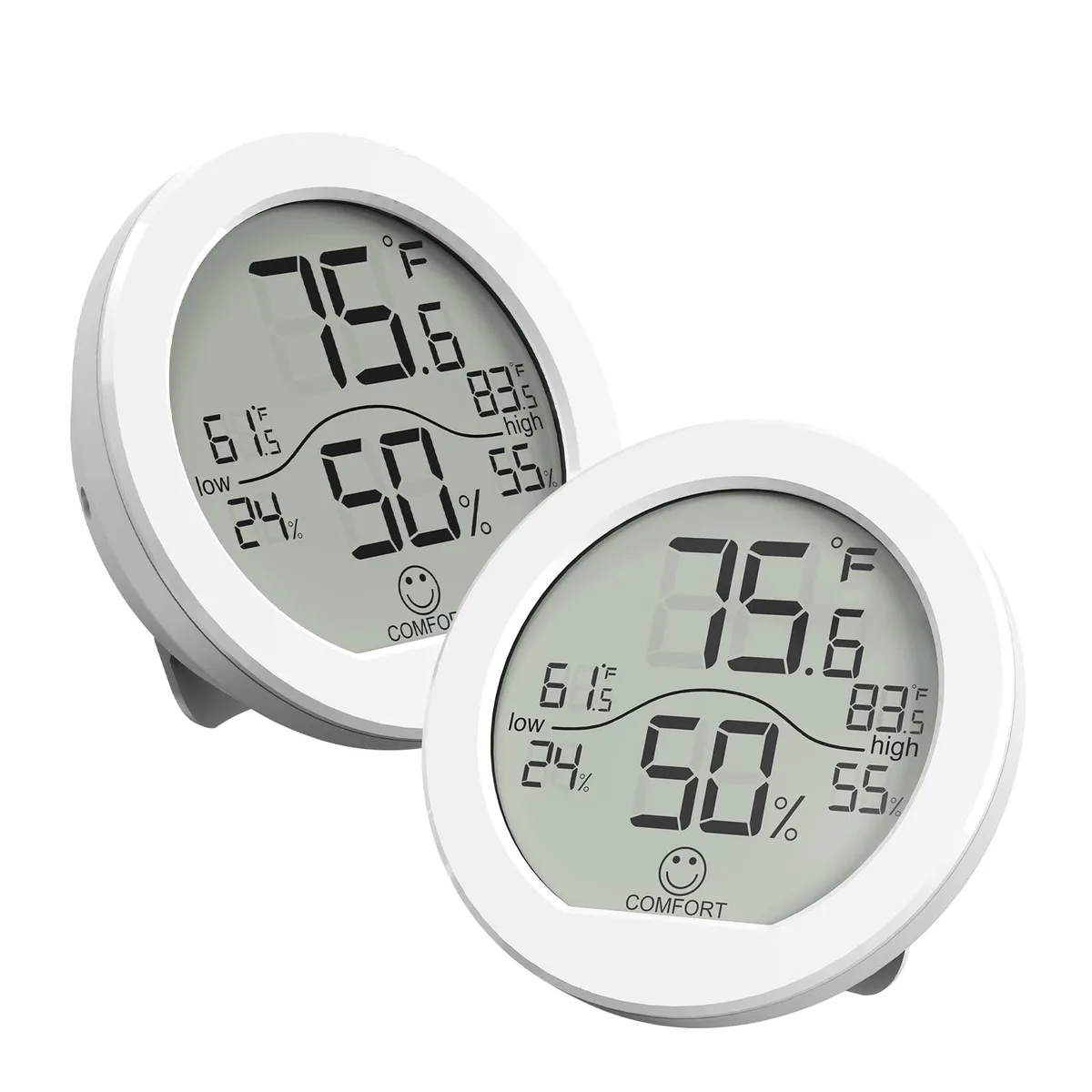 Two yellow plastic digital thermometers with LCD screens
