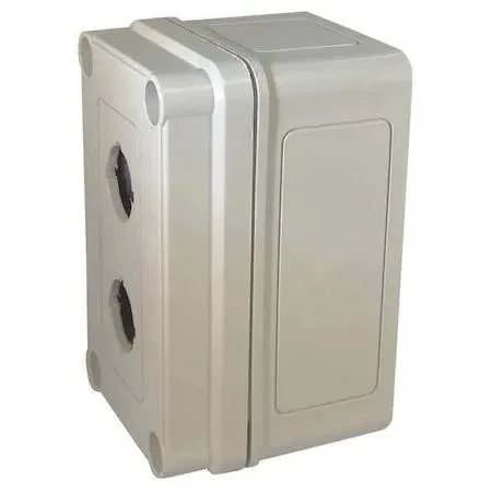 Rectangular gray polyester enclosure with two 22 mm pushbutton holes