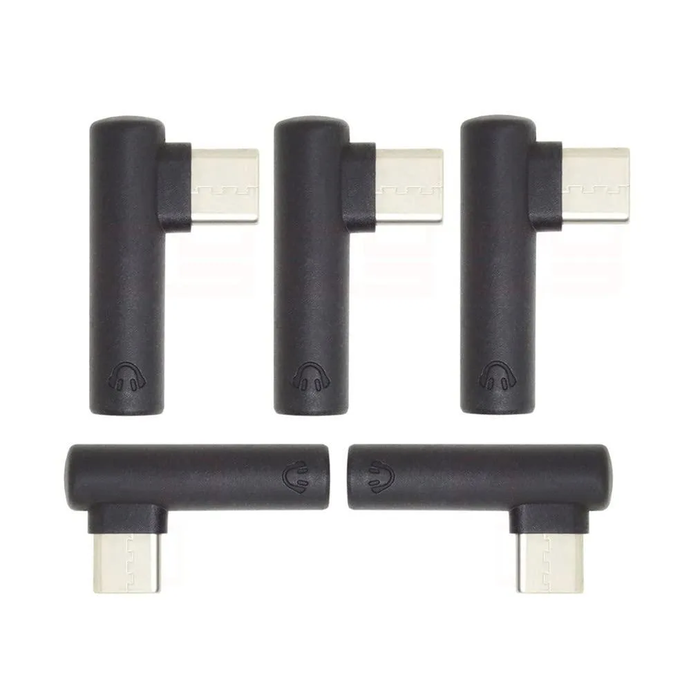 Five black 90-degree USB-C to 3.5 mm adapters
