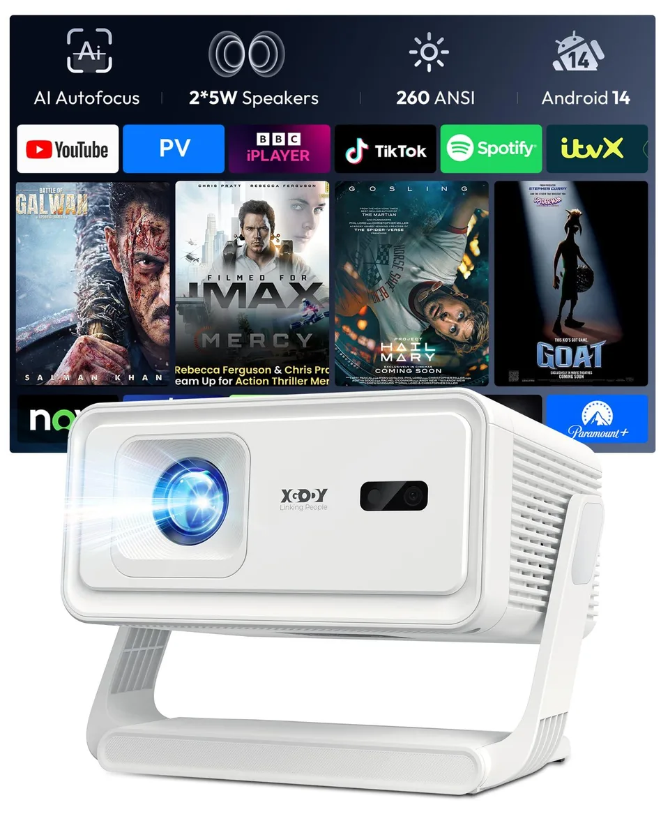 White rectangular DLP business projector with rounded edges, front lens and ventilation grilles