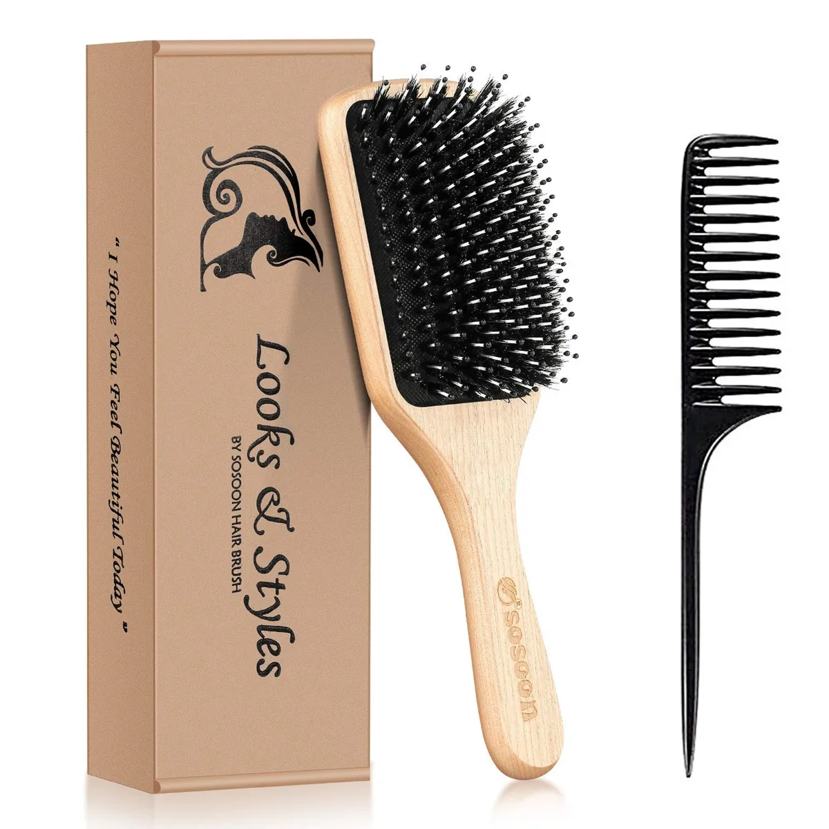 Medium wooden paddle hairbrush with boar bristles and nylon pins