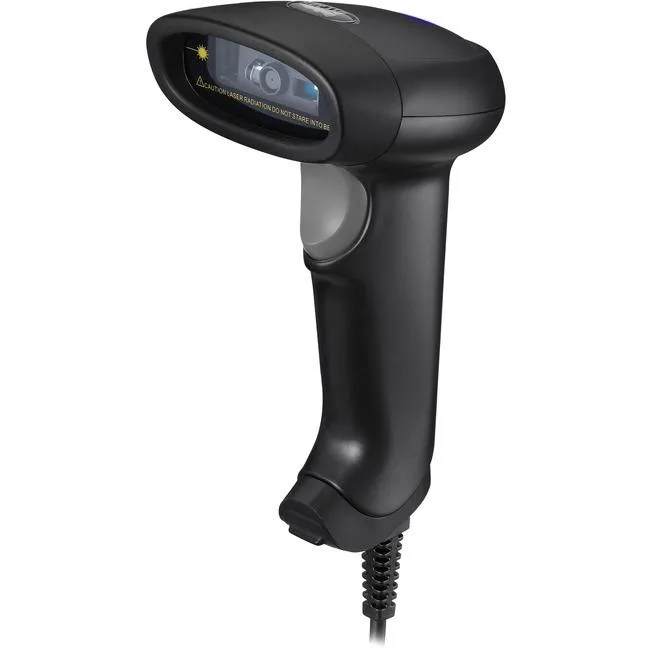 Handheld 2D barcode scanner, matte dark body with trigger and scan window
