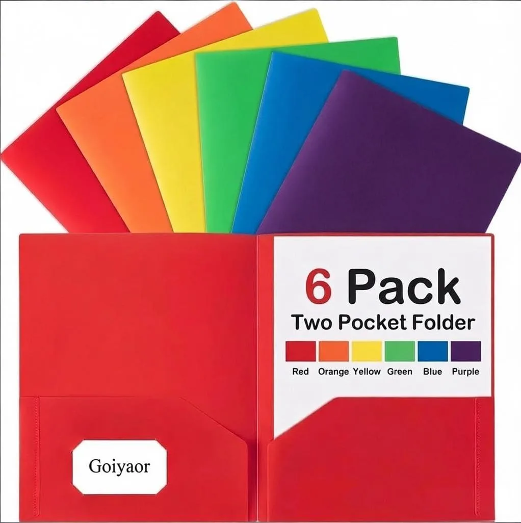  Goiyaor 6-Pack 2-Pocket Plastic File Folders, Assorted Colors, 8.5 x 11 in, 100 Sheets — product photo
