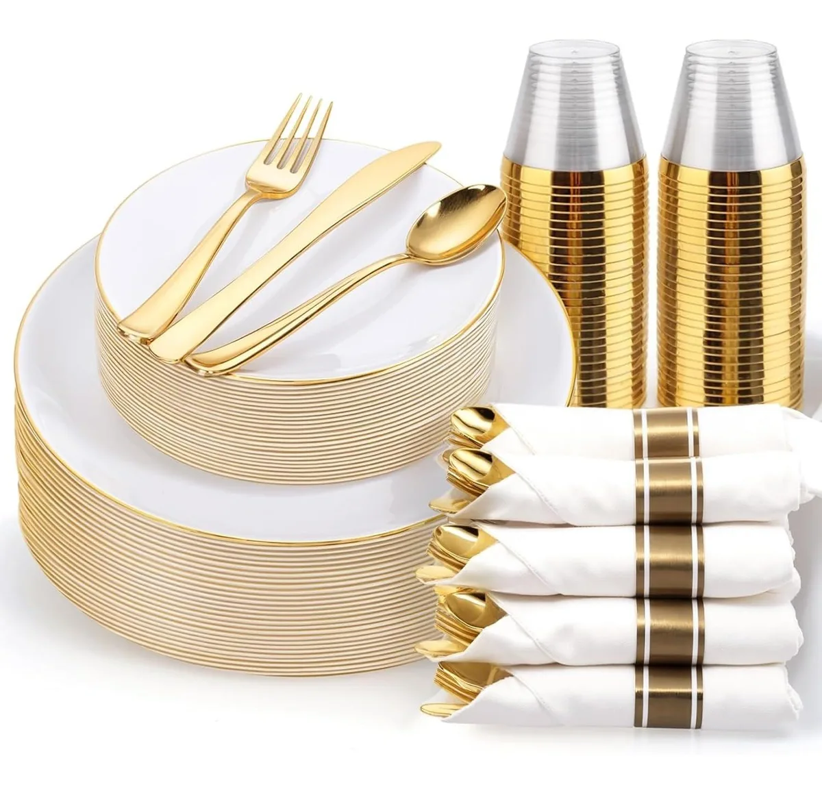 Square white ceramic dinner plates with floral gold trim, 175-piece set