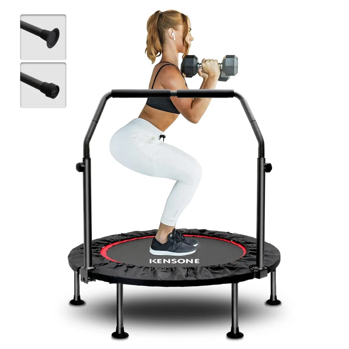 Black 40-inch round foldable mini trampoline with adjustable foam handle and 32 steel springs