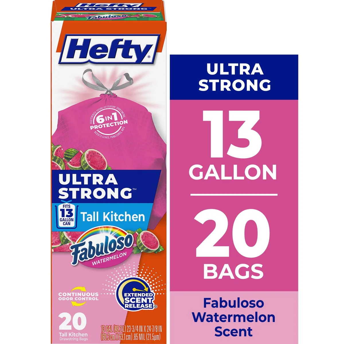 None Continuous None Continuous Hefty Ultra Strong 13 gal Pink Watermelon Scent 20 Bags — product photo