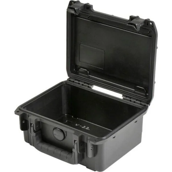 Black SKB protective case, rectangular hard shell, folding handle, two front latches, no wheels