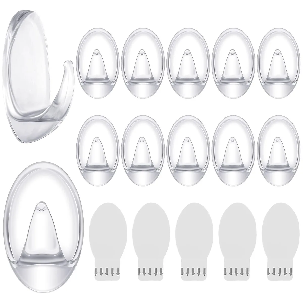 Twelve transparent plastic hooks with white adhesive bases and fifteen double-sided tapes