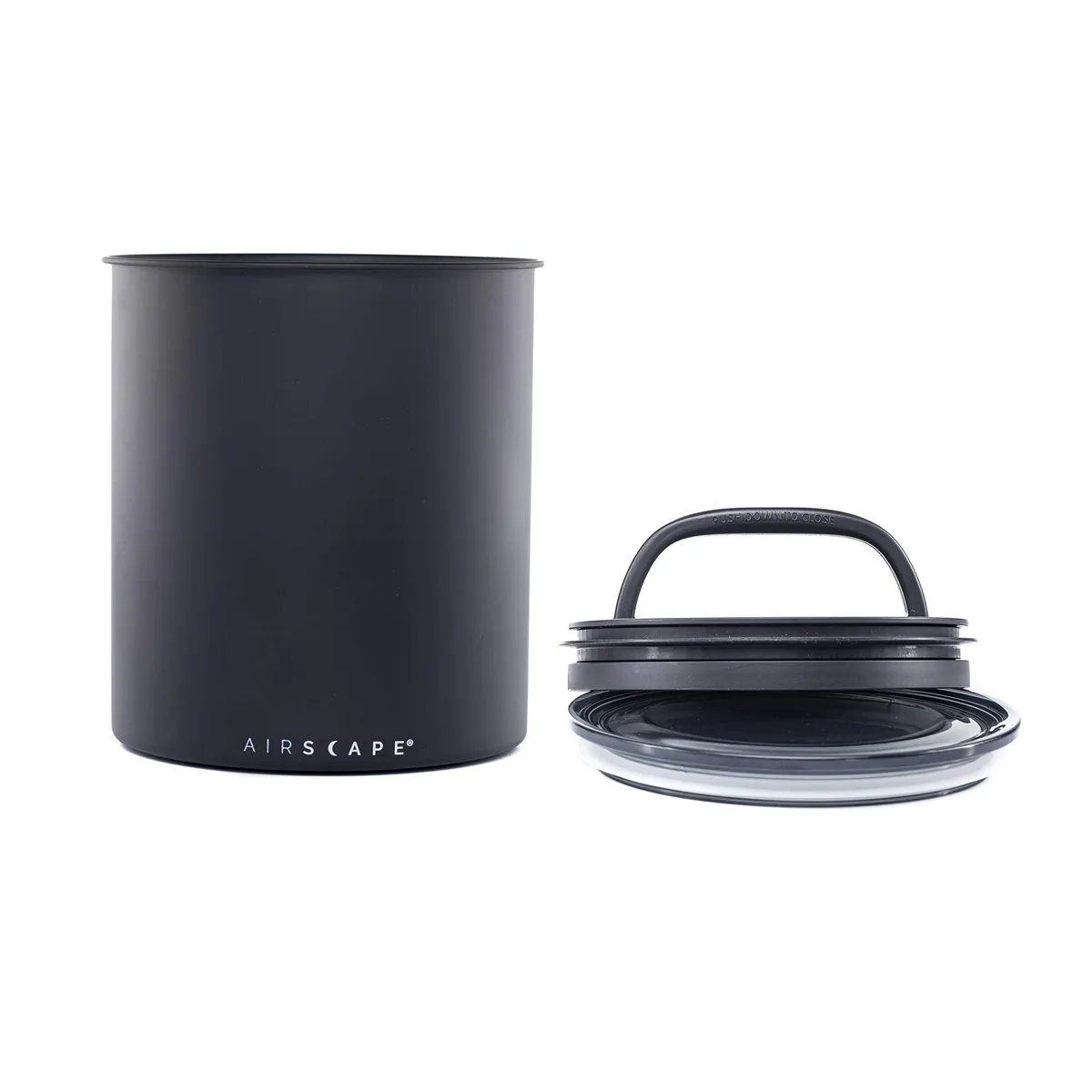 Matte black alloy steel canister with plunger lid, 7 by 8 inches