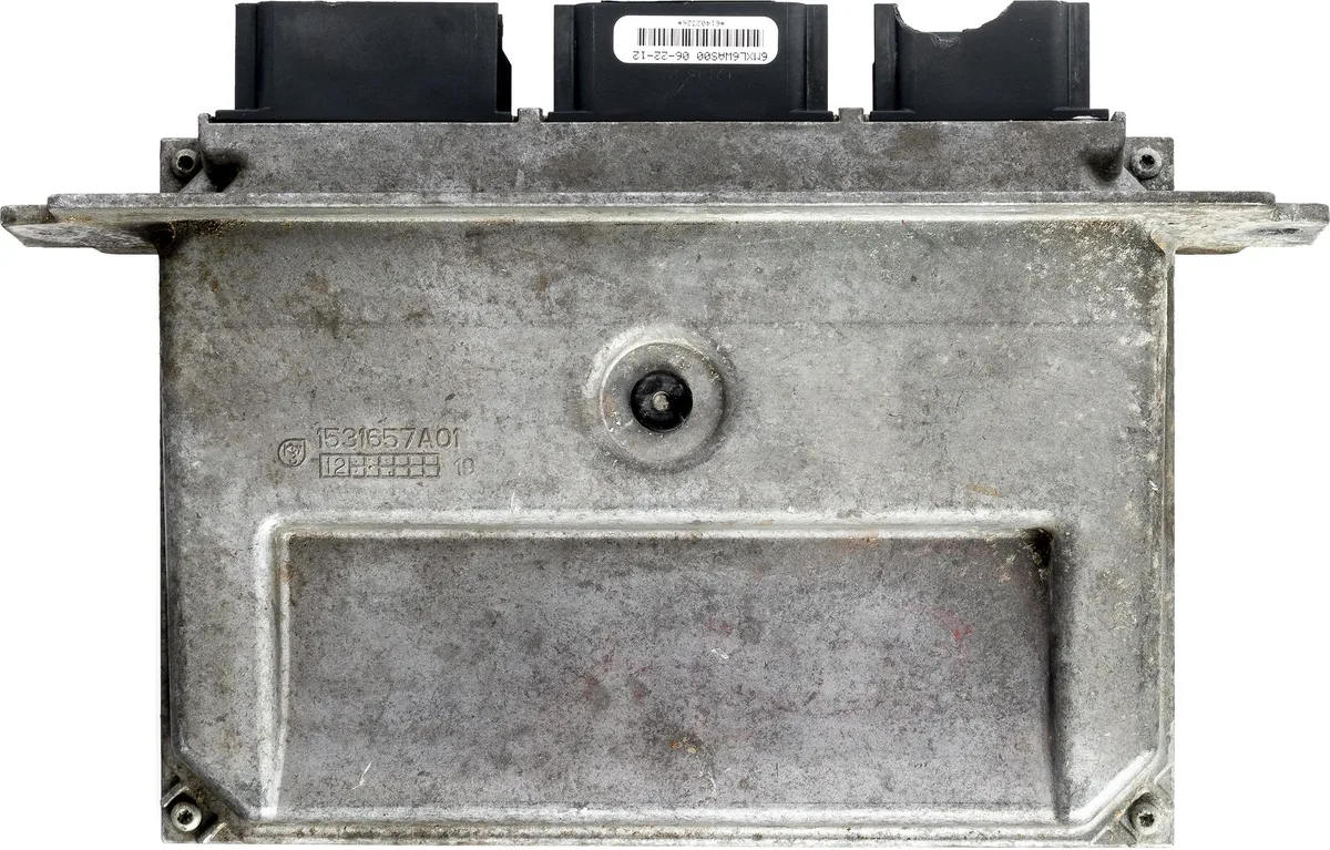 Remanufactured engine control module for 2012 Ford Fusion, rectangular metal case with connector port