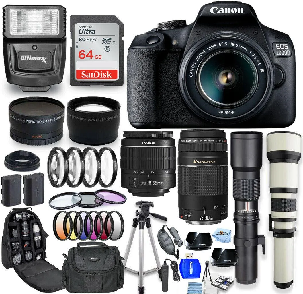 Canon International Canon EOS 2000D / Rebel T7 18-55mm 75-300mm 500mm 650-1300mm 64GB dslr camera — product photo