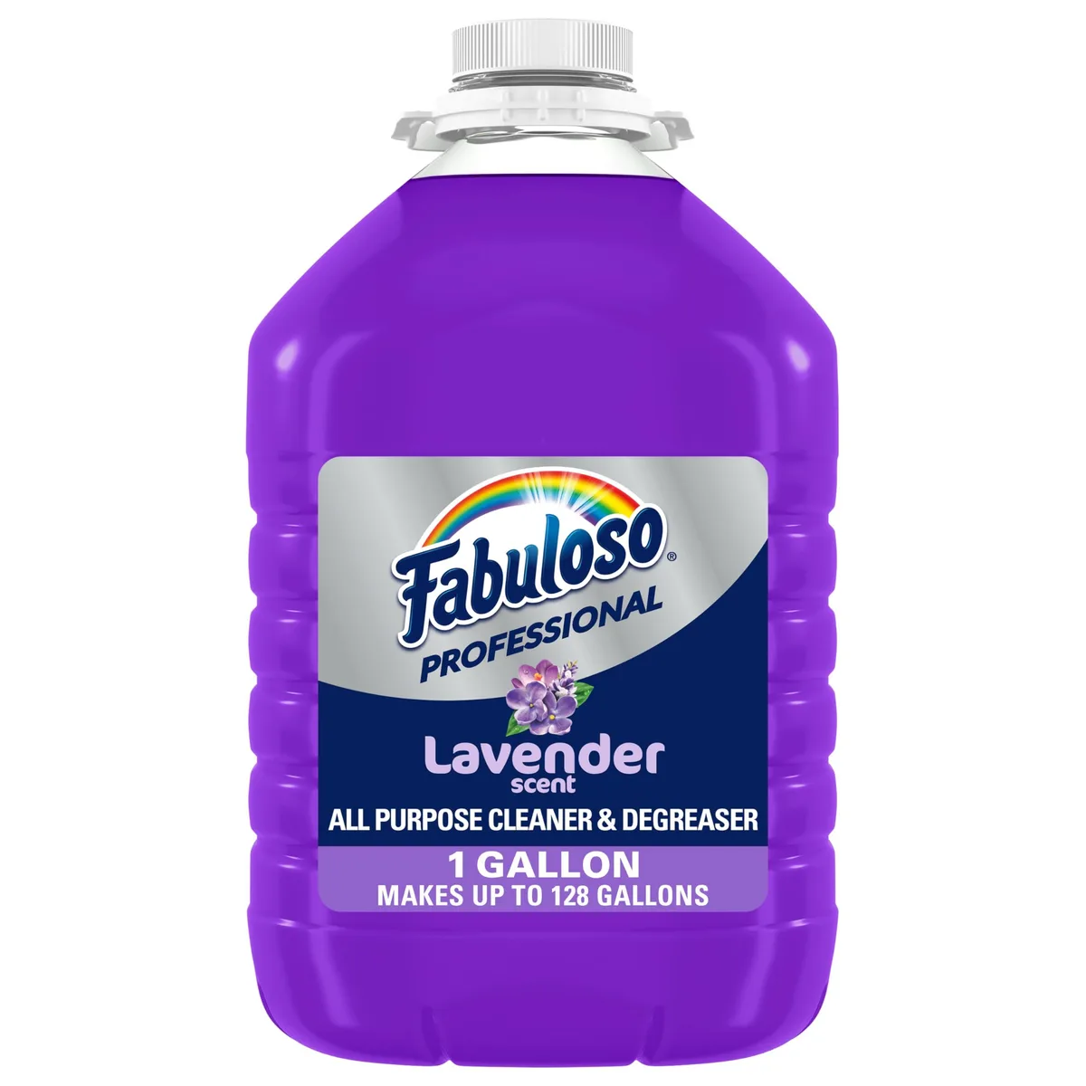 White plastic one-gallon jug with purple label and handle