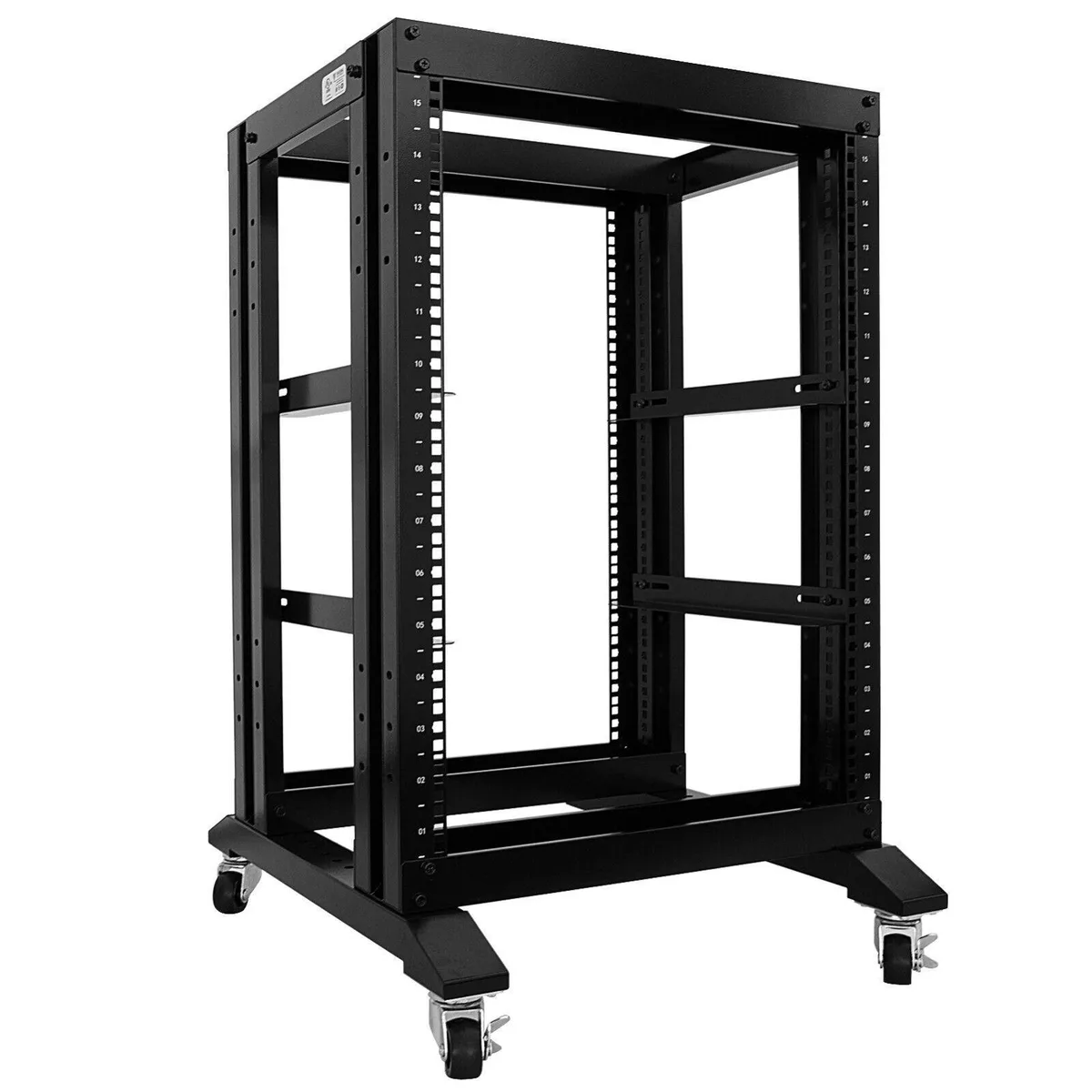 Black 15U four-post open frame 19-inch server rack 17-inch depth with casters
