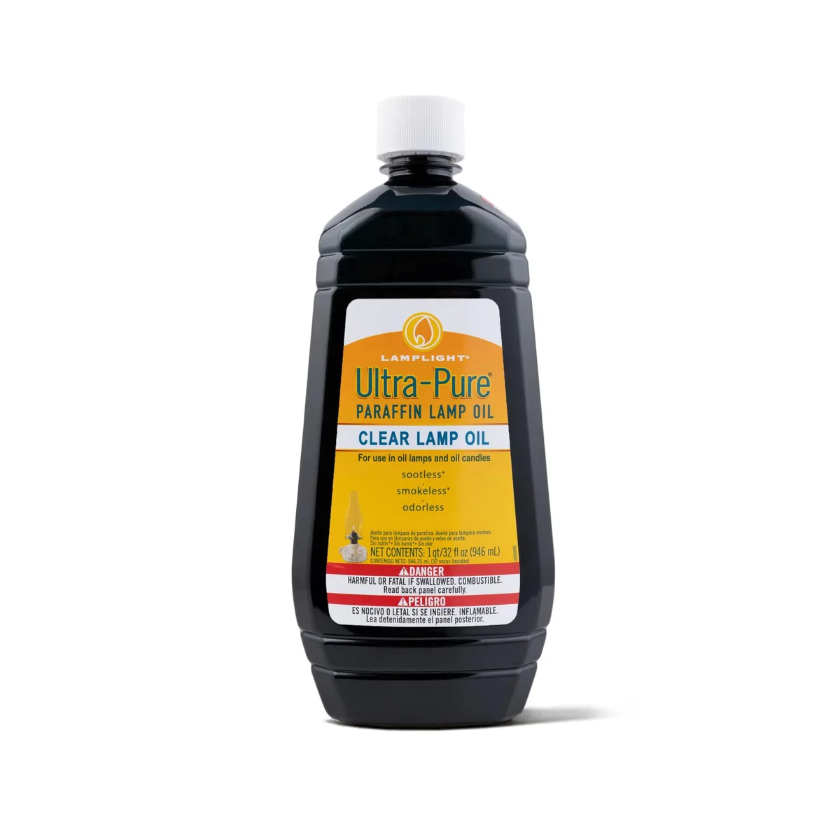 Clear liquid paraffin lamp oil in 32-ounce rectangular bottle