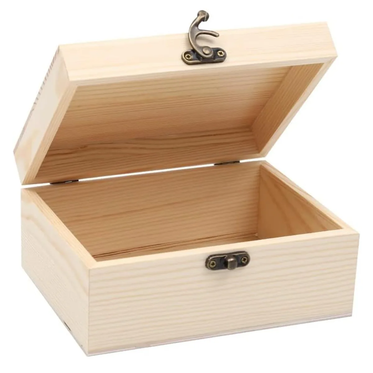 Four small unfinished pine boxes with hinged lids and front clasps