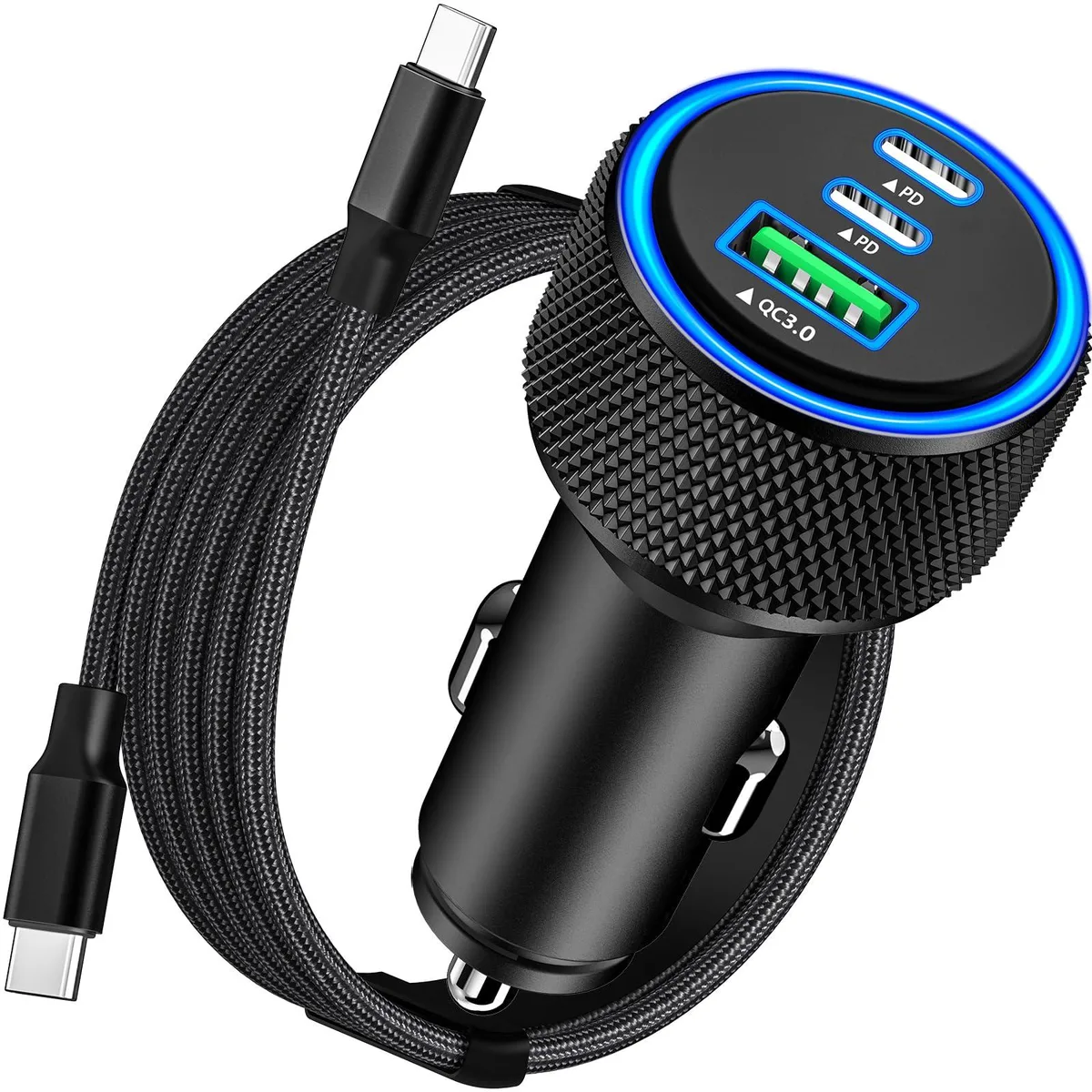 Black cylindrical car charger with two USB-C and one USB-A ports plus a braided USB-C cable attached