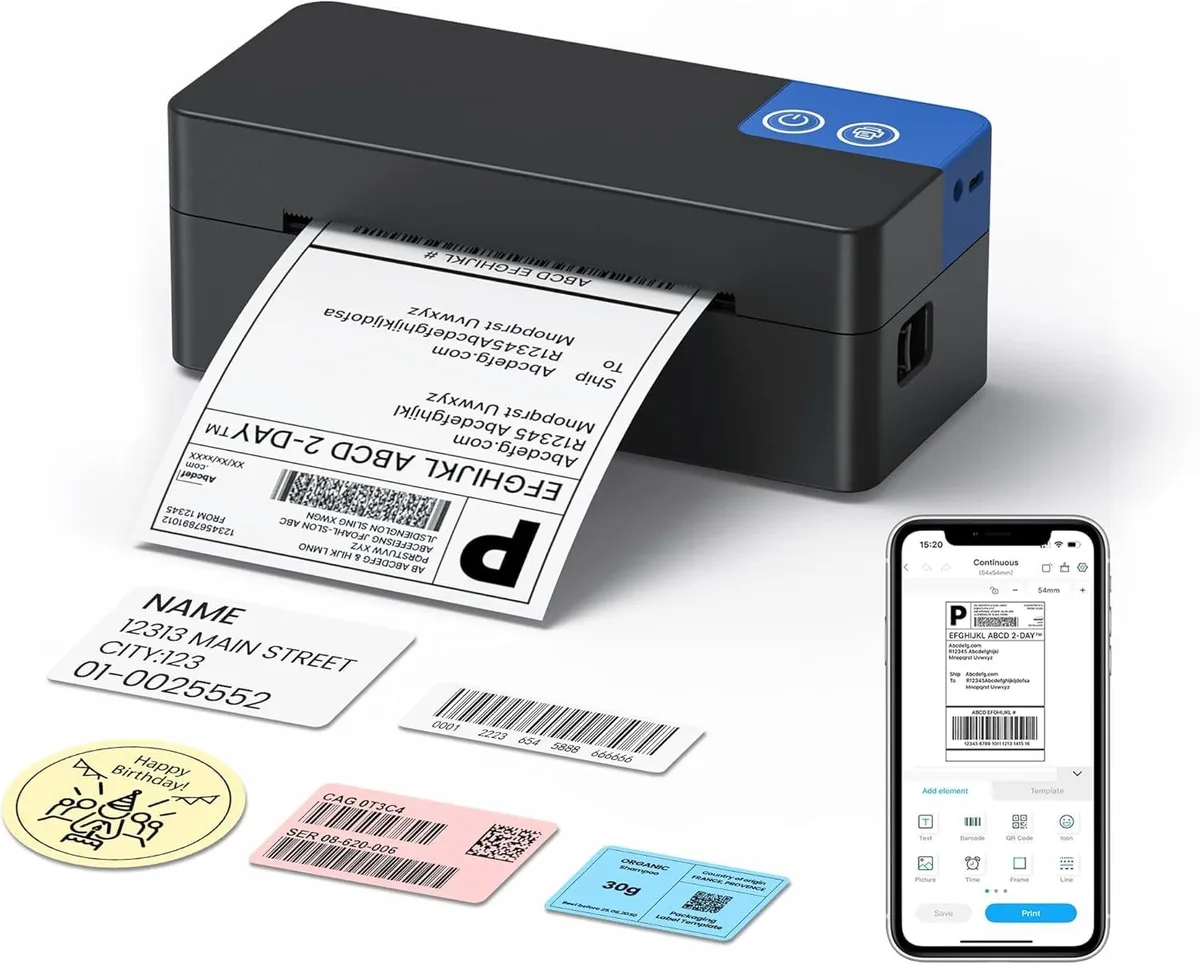 Compact white thermal label printer with Bluetooth, 4x6 labels, 203 DPI