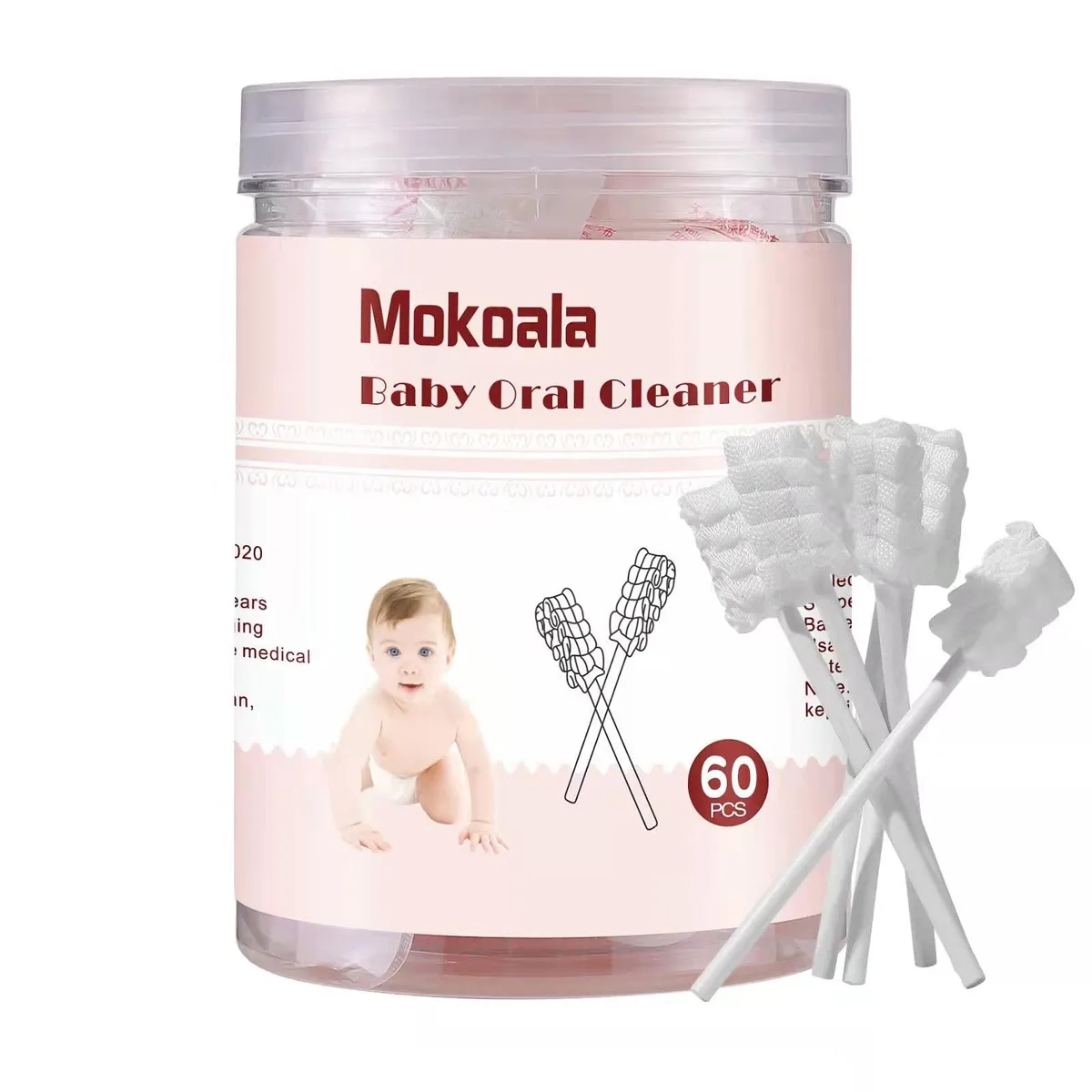 White disposable baby oral cleaners in individual packs, soft gauze heads on flexible paper handles