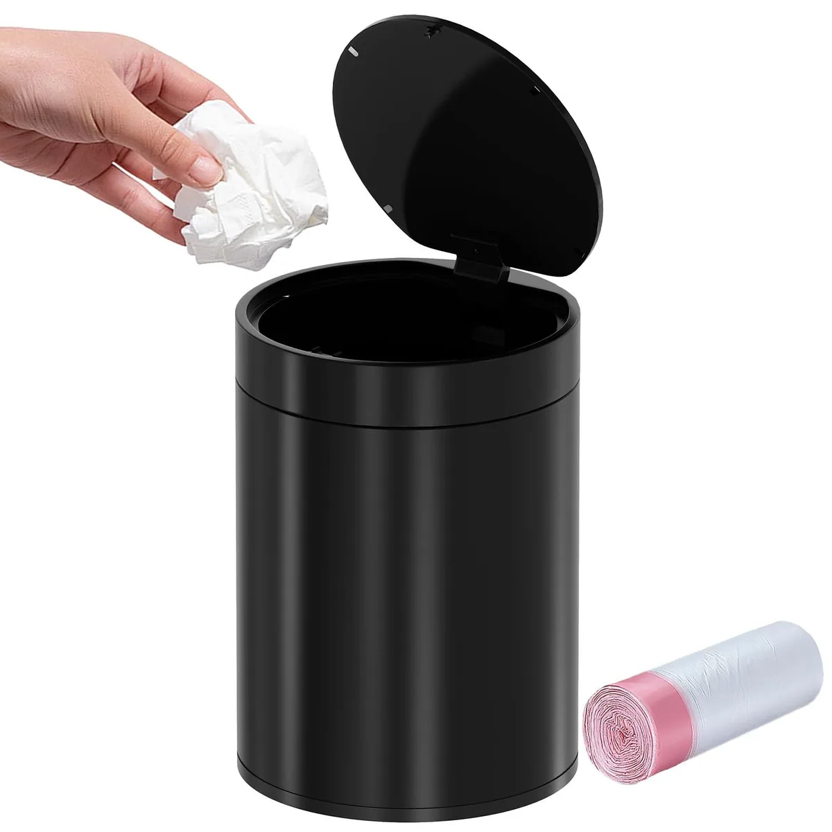 Three small white plastic bins with pop-up lids