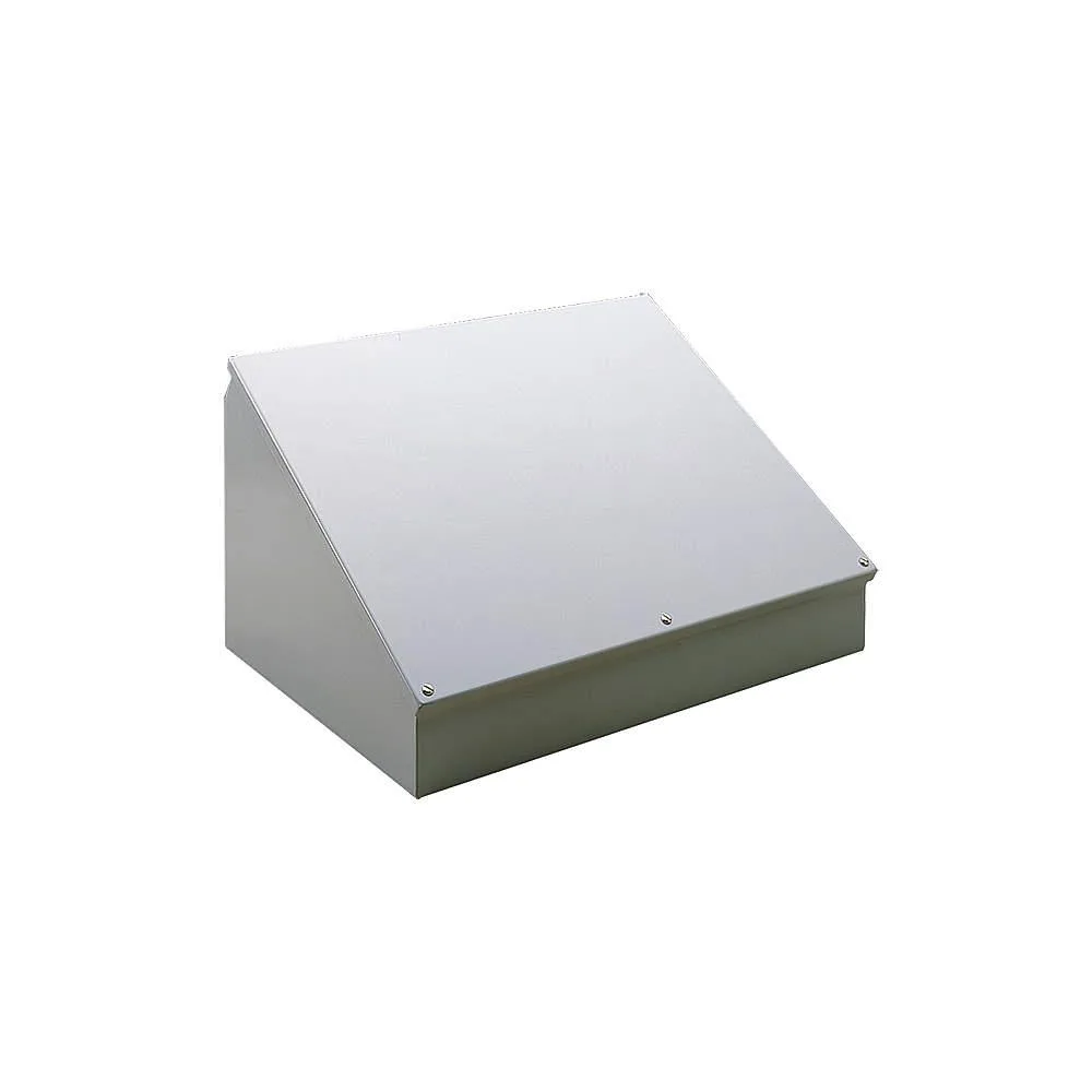 Gray carbon steel sloped-top electrical enclosure, hinged cover, 12 by 12 by 9.09 inches