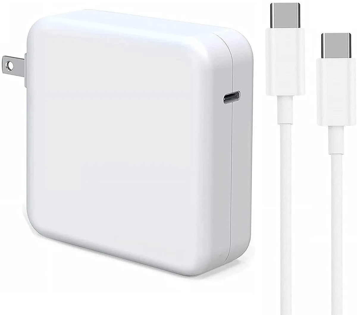 White rectangular USB-C power adapter with foldable prongs and attached 6.6ft USB-C to USB-C cable