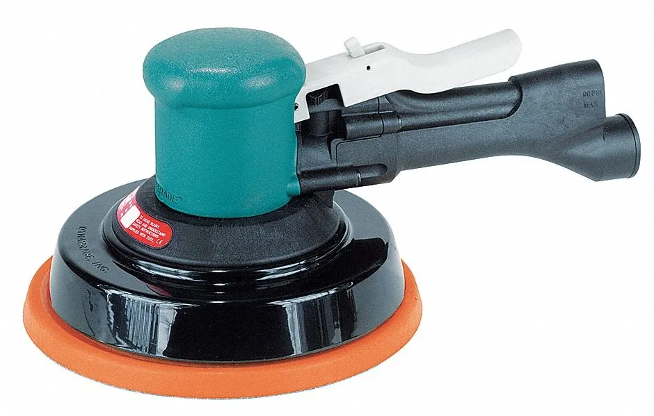 Silver palm-style air random orbital sander with rear exhaust and lever throttle