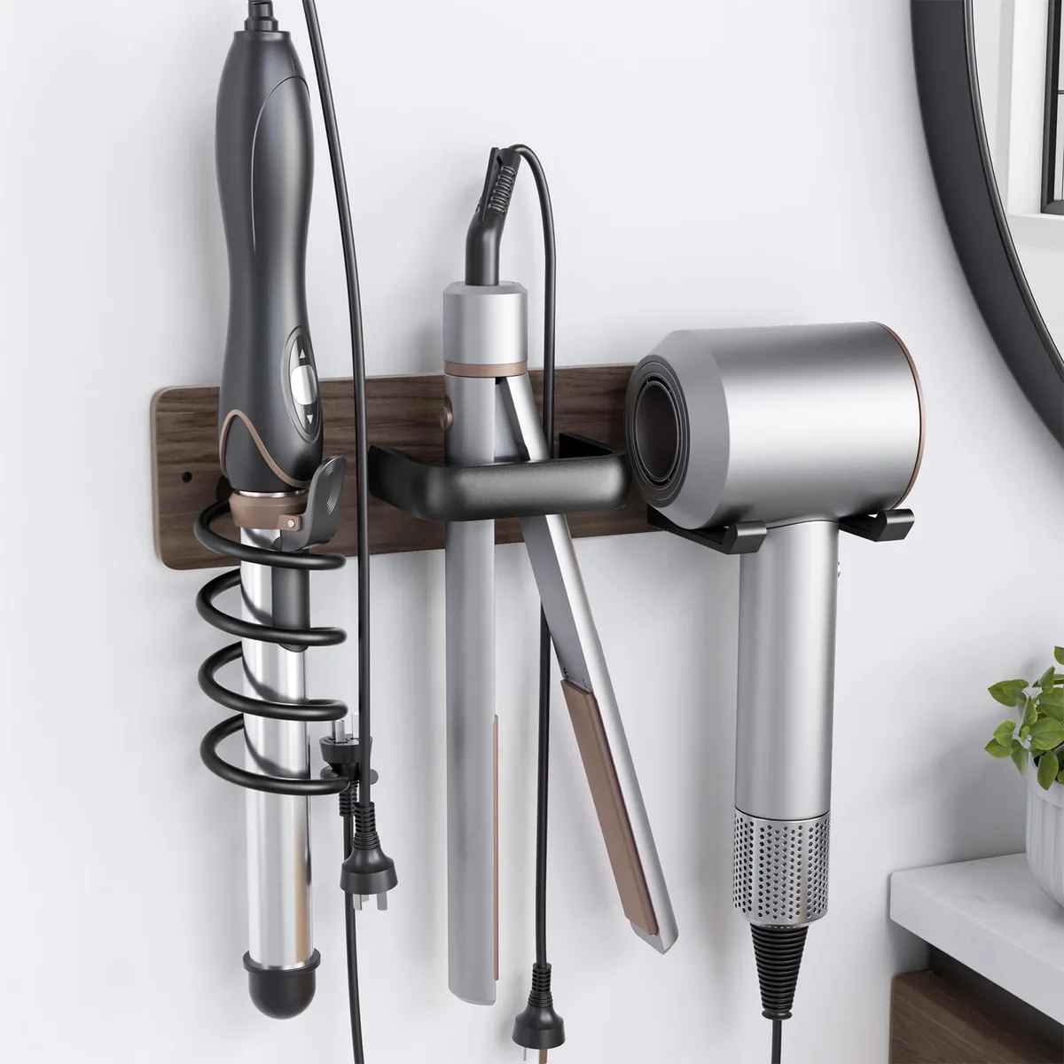 Wall-mounted walnut wood and aluminum hair dryer holder, 12.1 by 2.7 by 5.9 inches