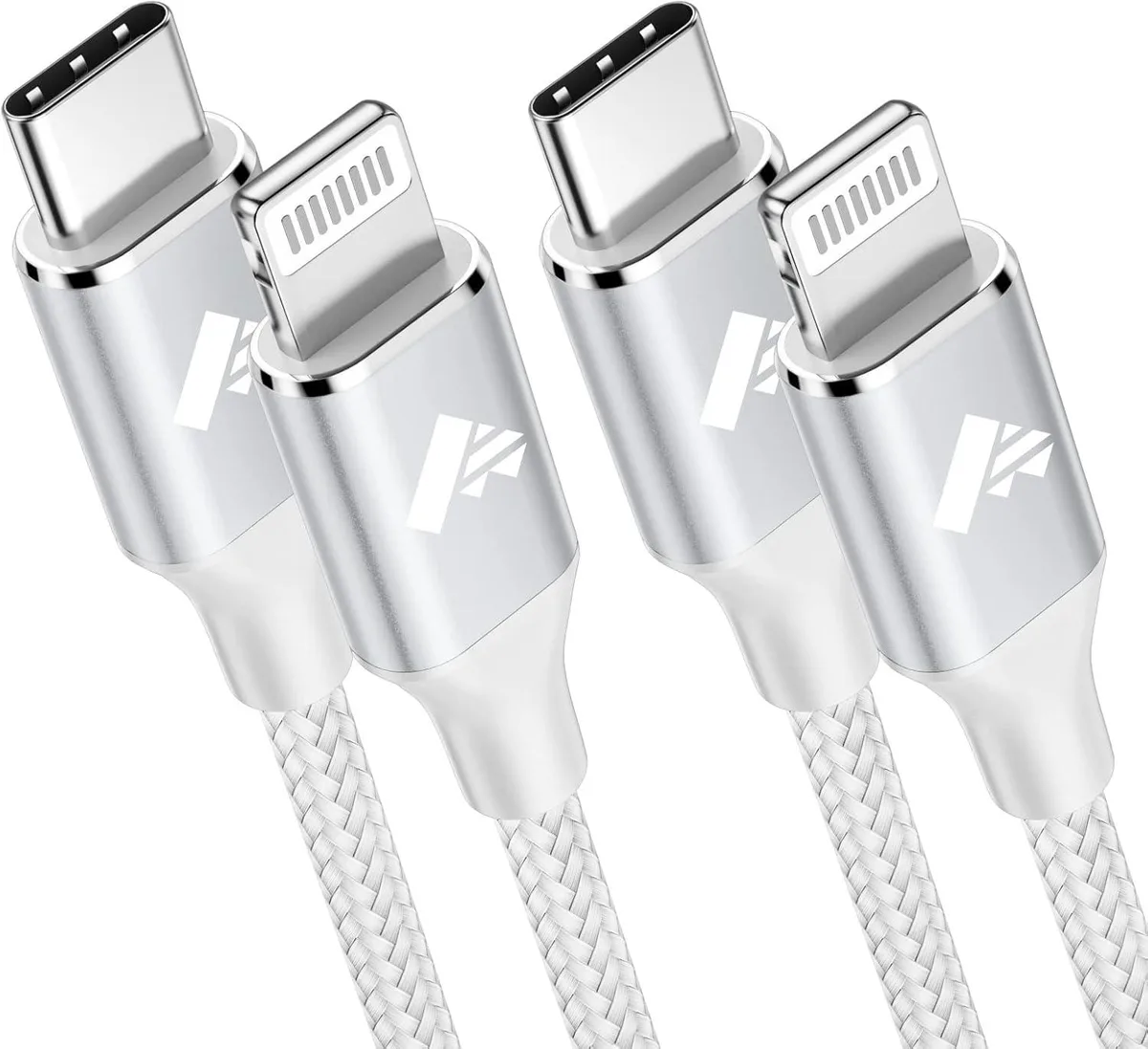 Two white braided USB-C to Lightning cables coiled side by side