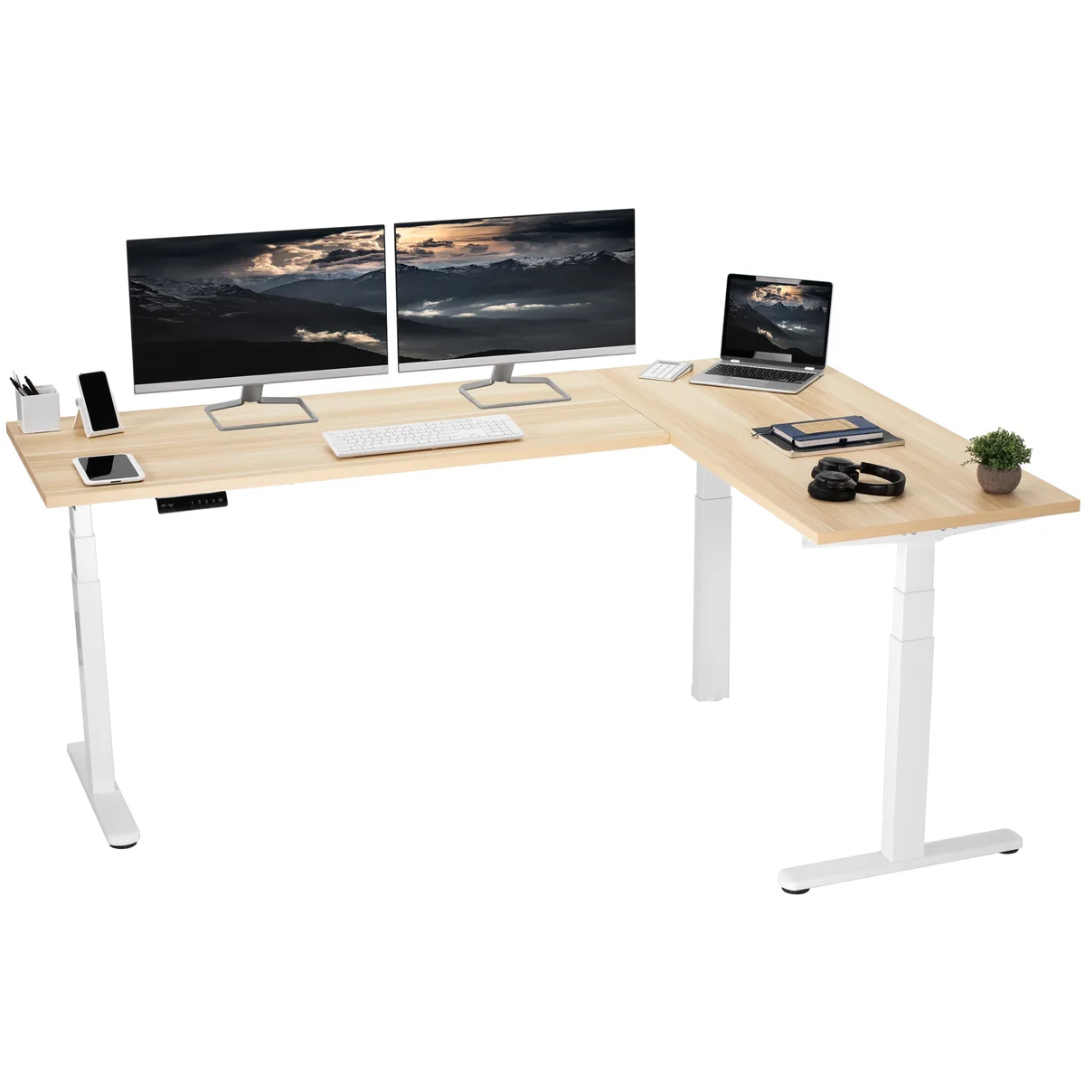 VIVO VIVO Electric Corner Desk 78" x 55" Light Wood White Frame — product photo