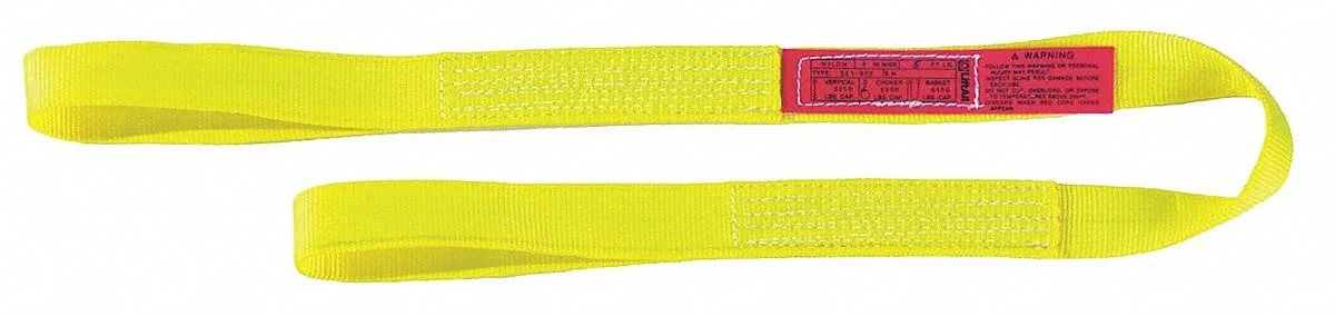 Yellow flat nylon web sling with two reinforced eyes, 4 ft long and 2 in wide