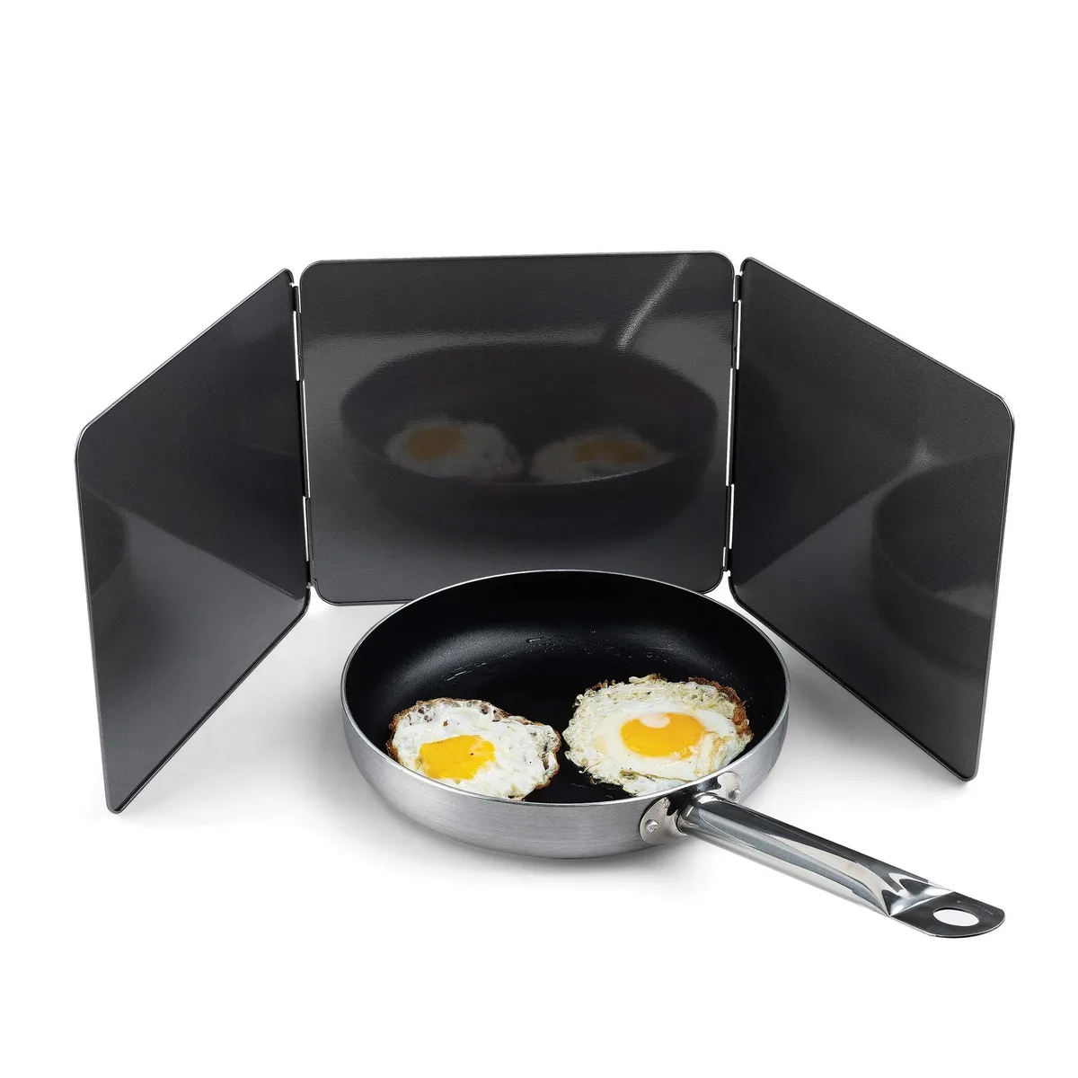 Three-panel non-stick carbon steel splatter guard folded flat