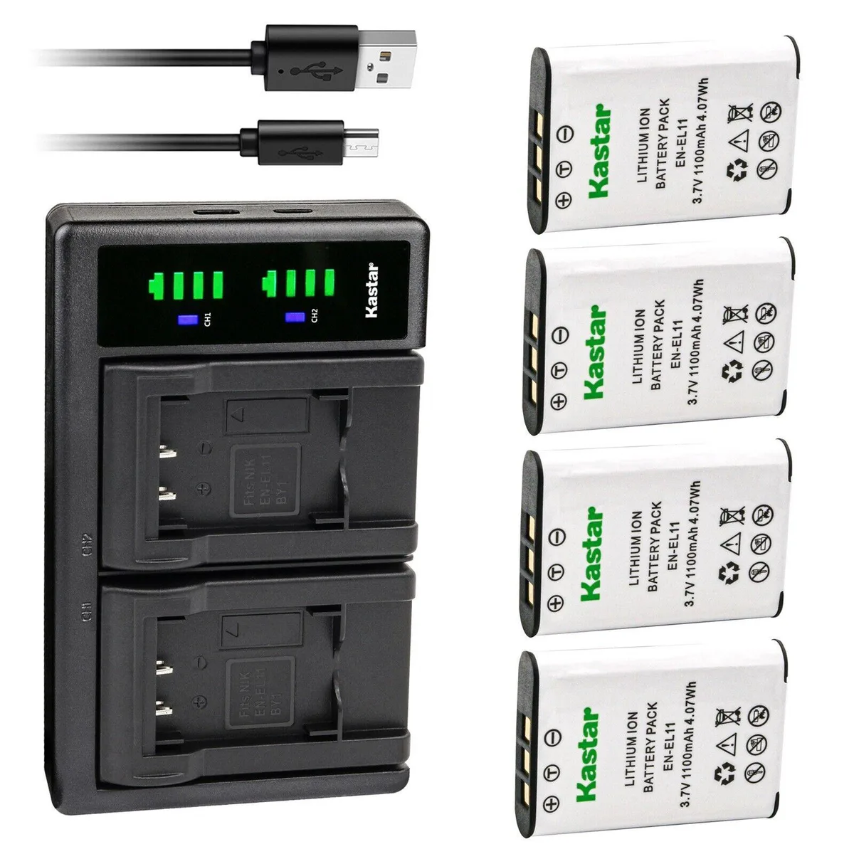 Kastar Kastar EN-EL11 4-pack Li-Ion 1100mAh battery &amp; LTD2 USB charger — product photo