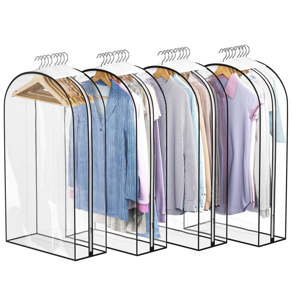 Four clear vinyl garment bags with side zippers, 40 inch length, beige top fabric