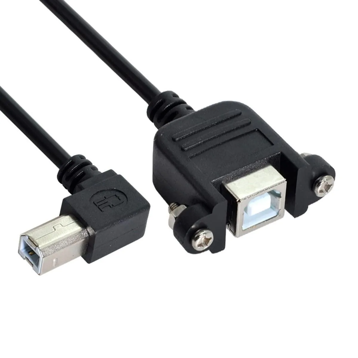 Black USB 2.0 Type-B male to panel-mount female cable, left 90-degree angled, 50 cm