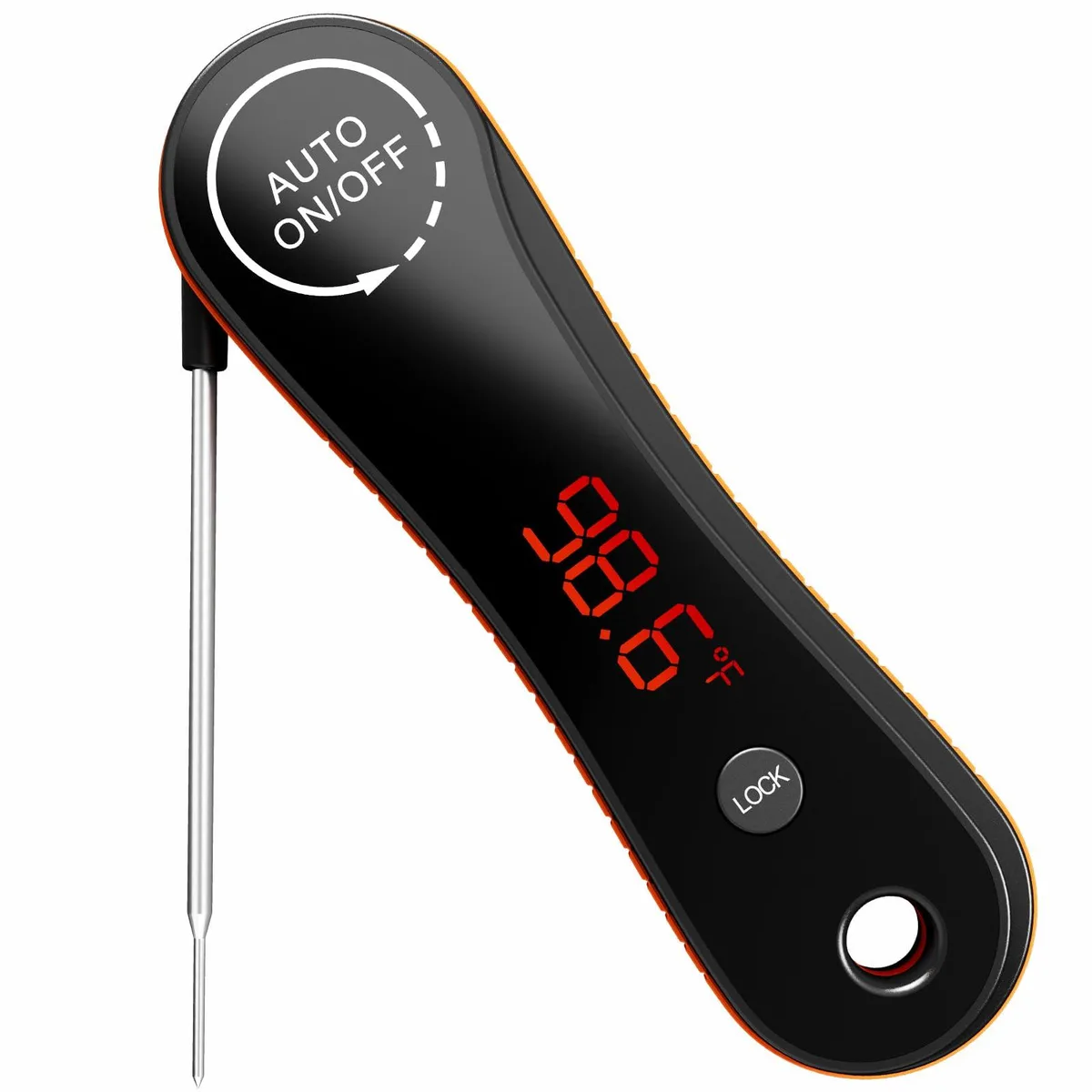 Orange and black foldable probe thermometer with backlit display