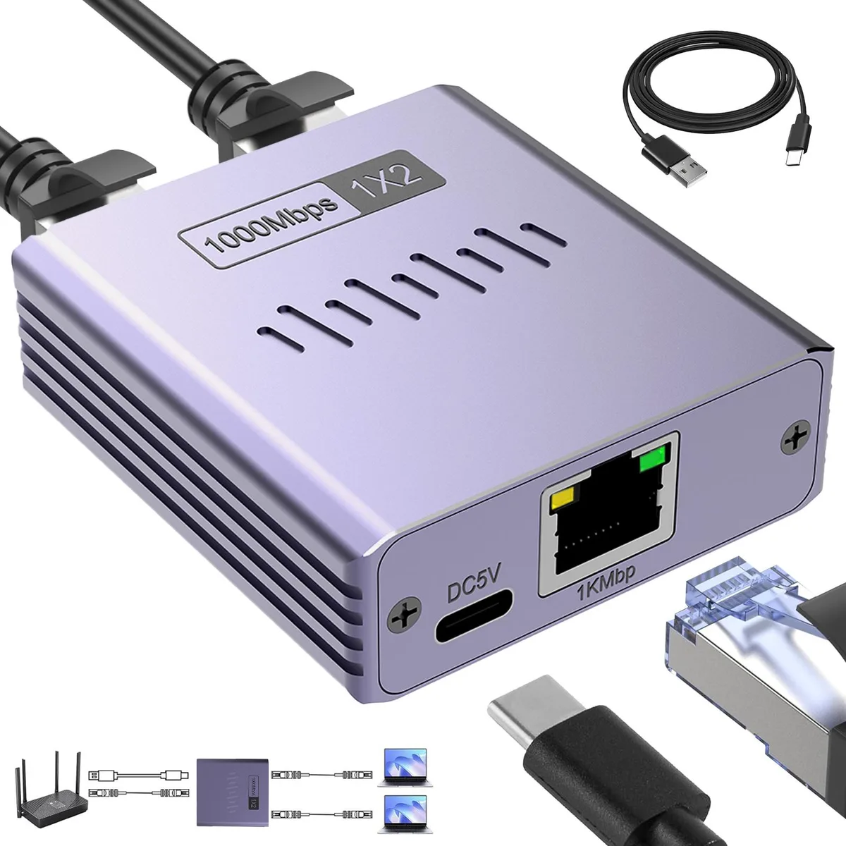 Duomigo Duomigo Gigabit Ethernet Splitter 1 to 2 USB-C Powered — product photo