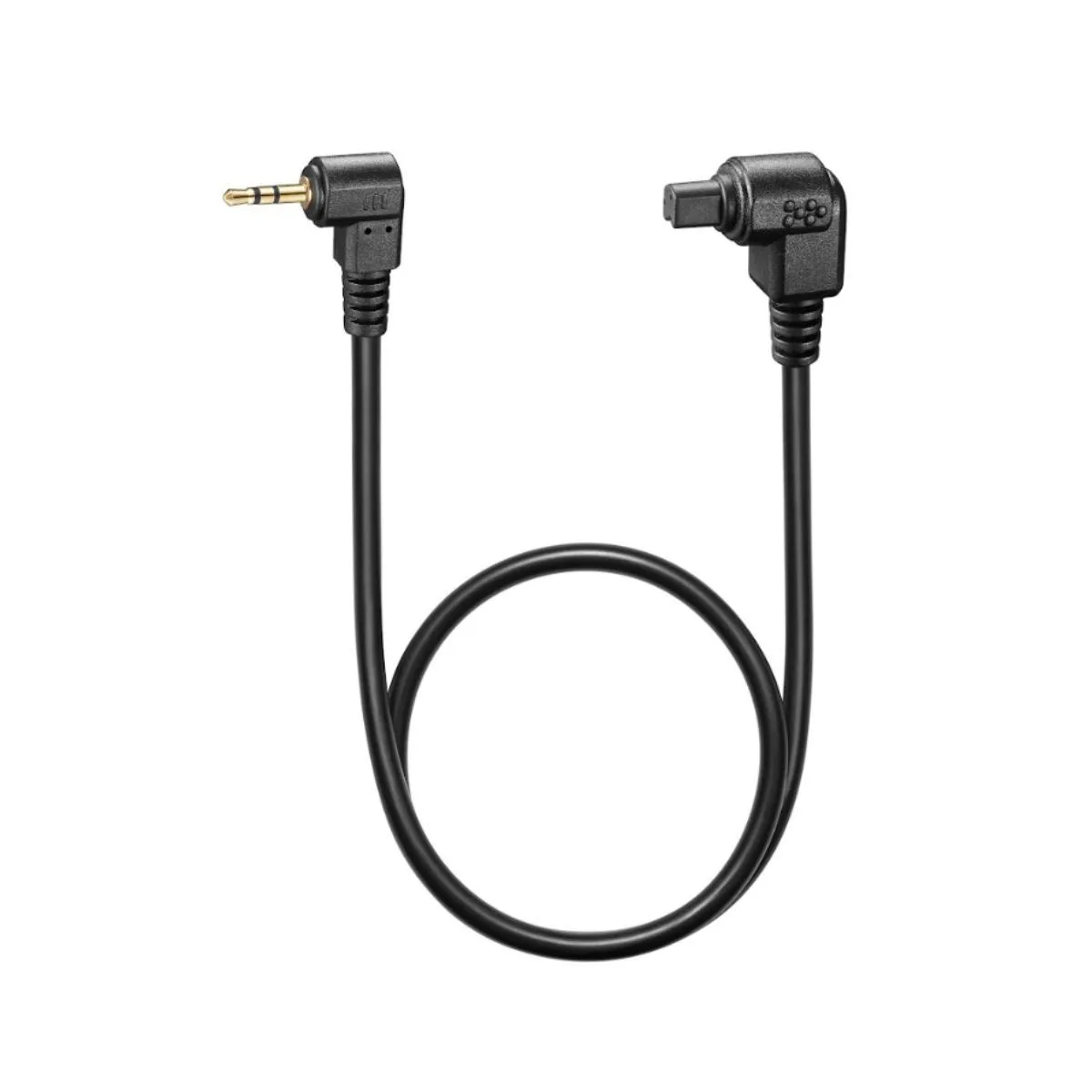 Coiled black cable with straight 3-pin plug and right-angled mini jack
