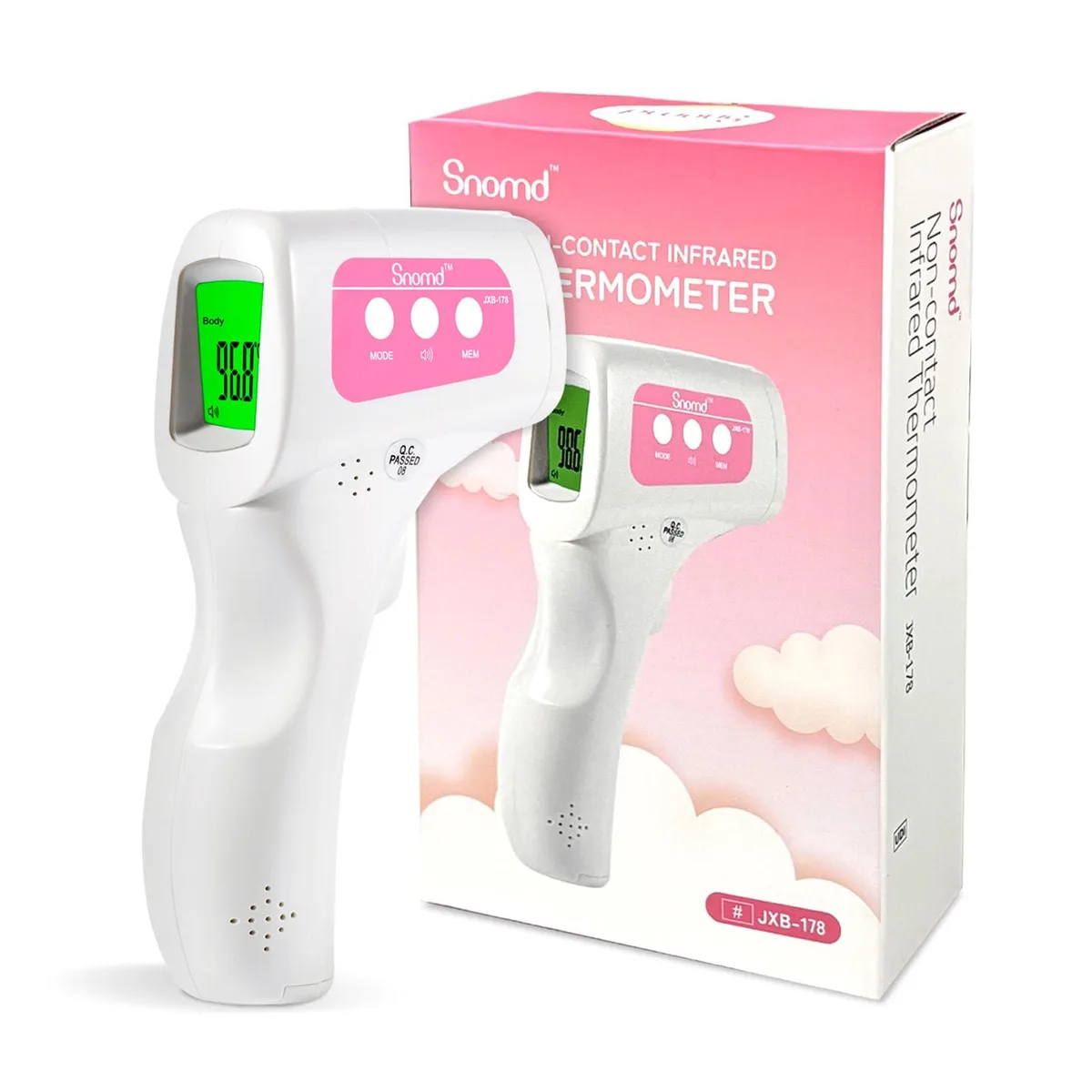 White handheld infrared thermometer with digital display and trigger button