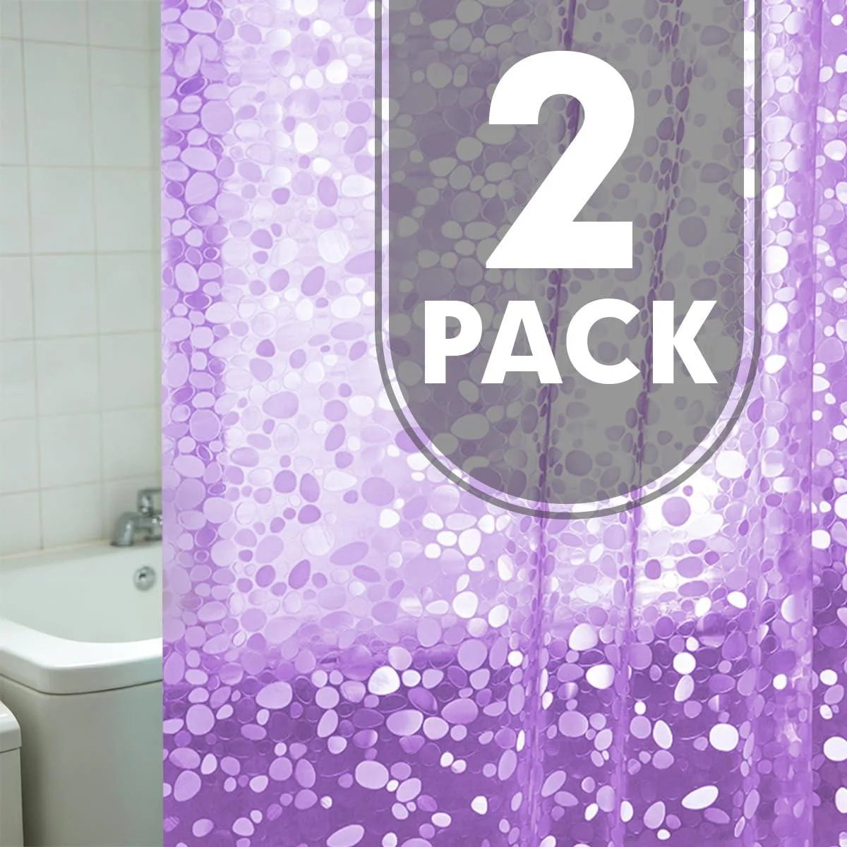 Two purple EVA shower curtain liners with pebble texture, 72x72 inch, 12 rustproof grommets, weighted magnets